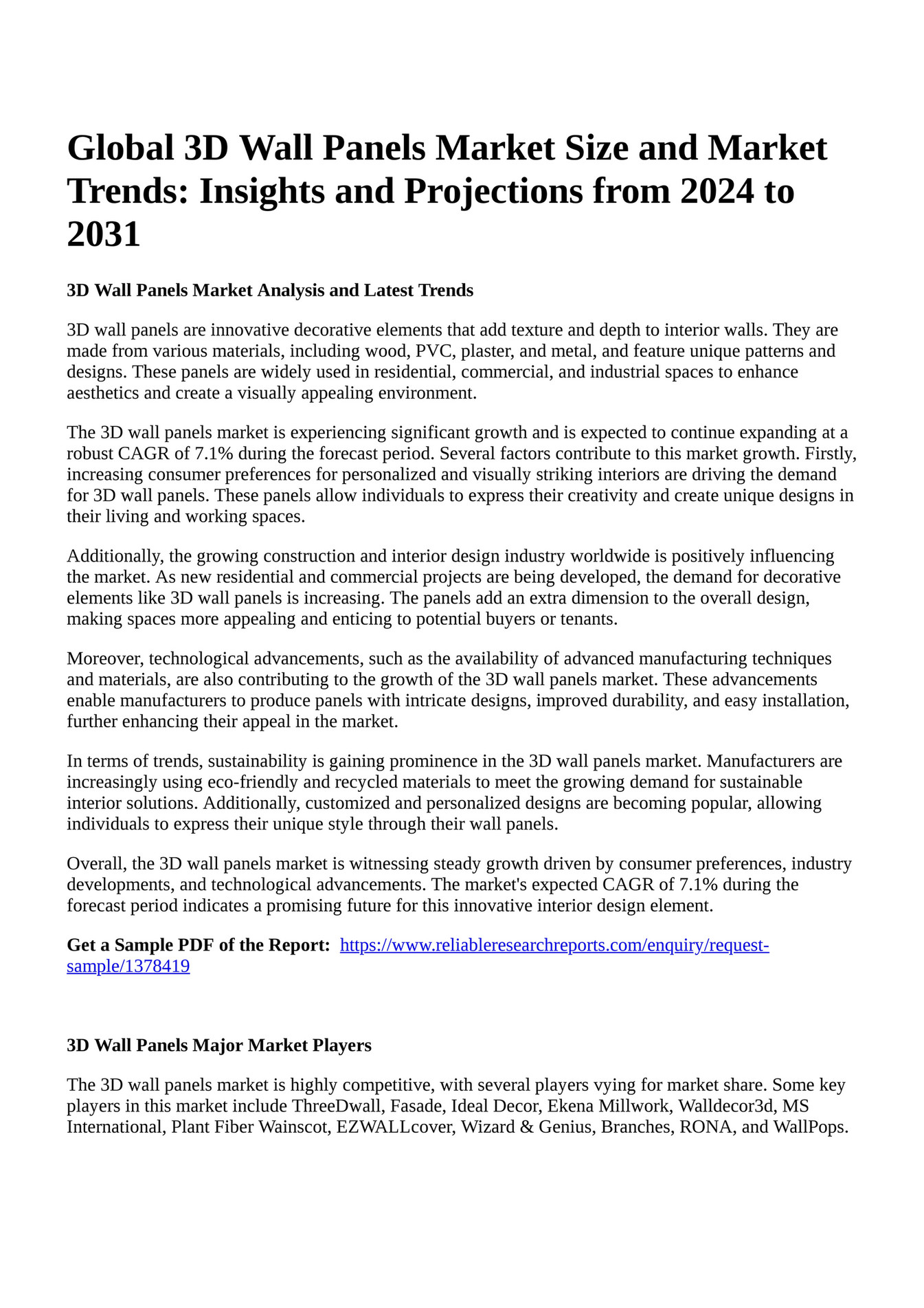 Reportprime Global 3D Wall Panels Market Size and Market Trends