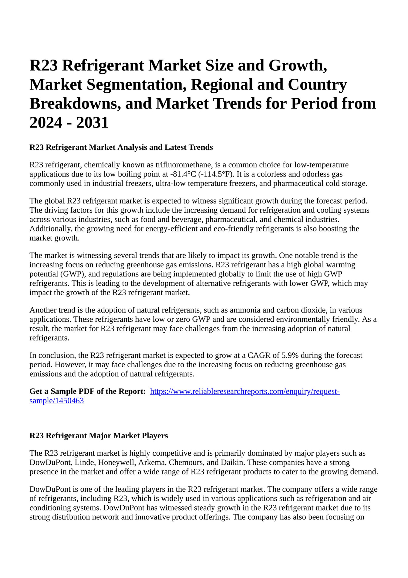 Reportprime R23 Refrigerant Market Size and Growth, Market