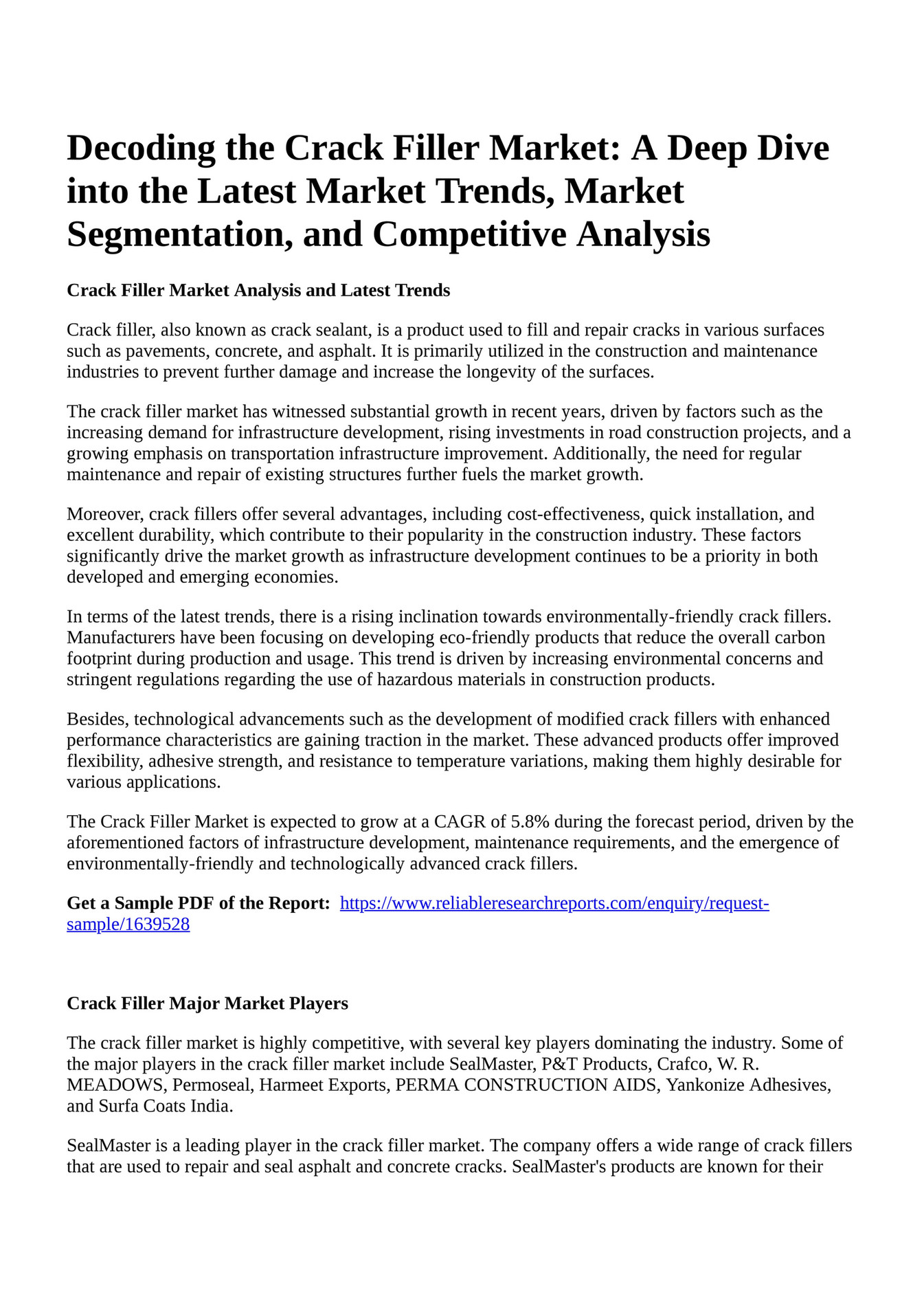 Reportprime - Decoding the Crack Filler Market: A Deep Dive into the 