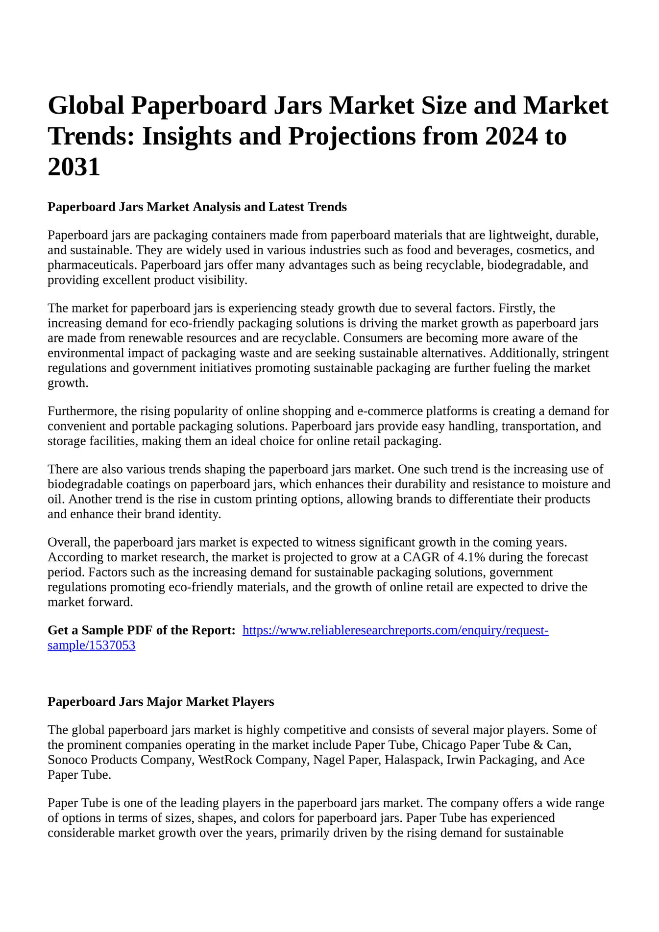 Reportprime Global Paperboard Jars Market Size and Market Trends