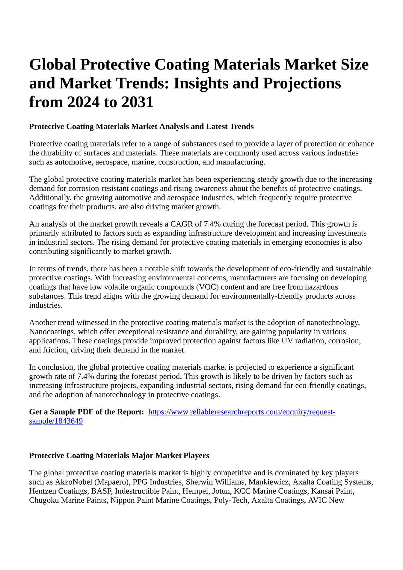 Reportprime - Global Protective Coating Materials Market Size and