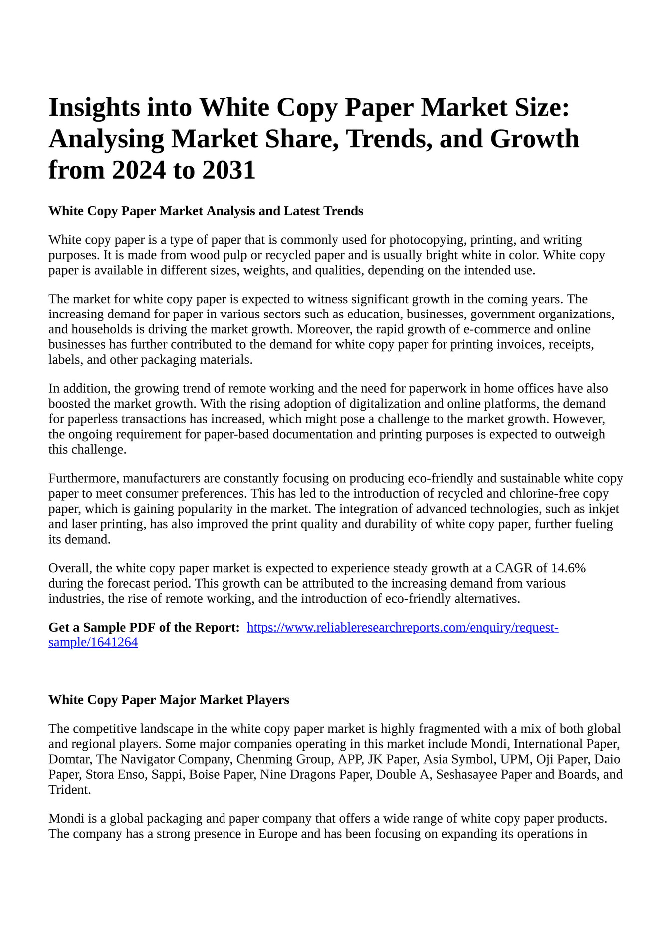 Reportprime Insights into White Copy Paper Market Size Analysing