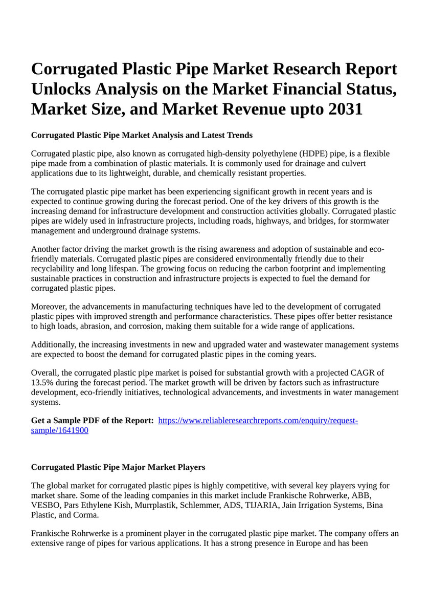 Reportprime - Corrugated Plastic Pipe Market Research Report 