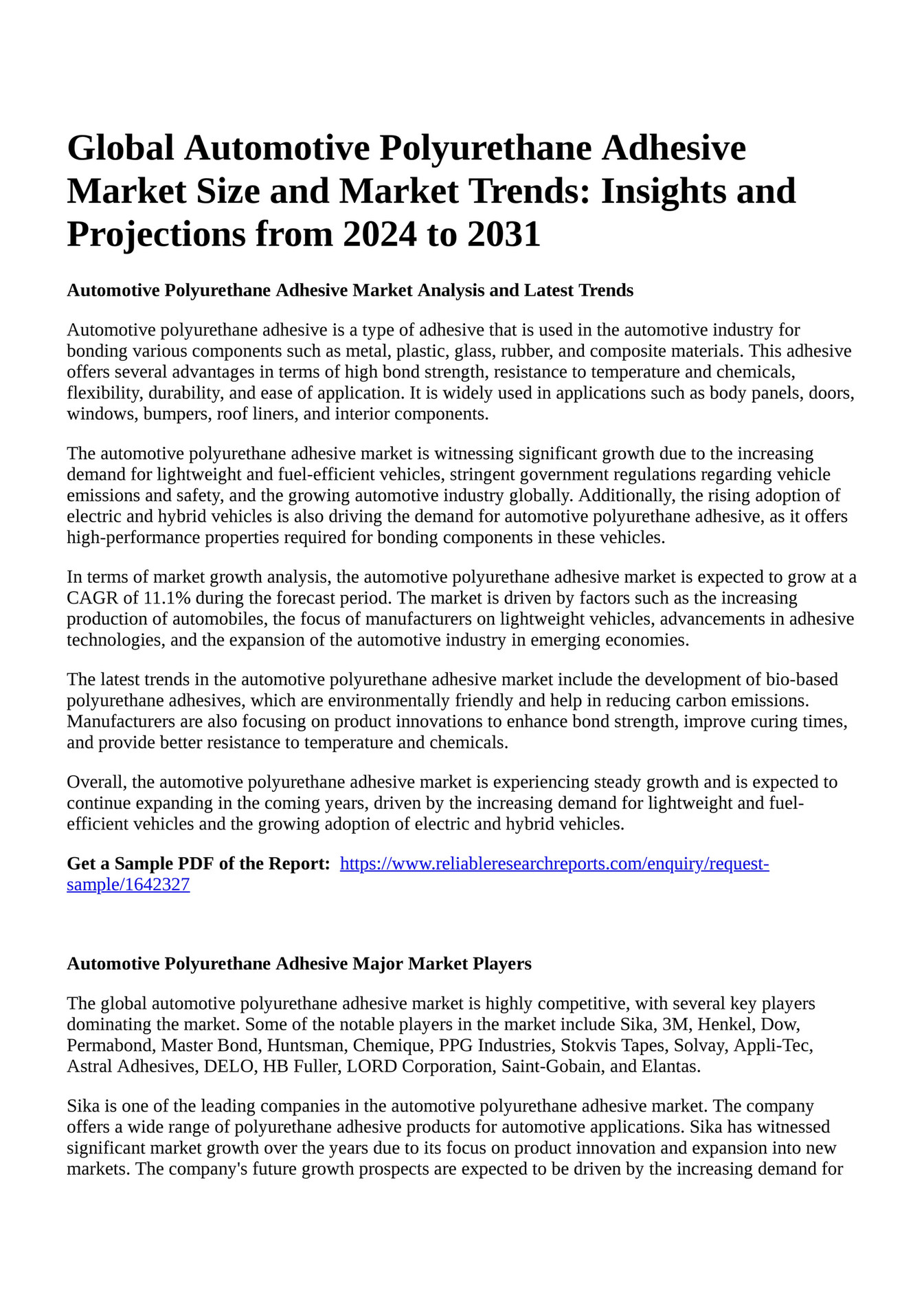 Reportprime Global Automotive Polyurethane Adhesive Market Size and