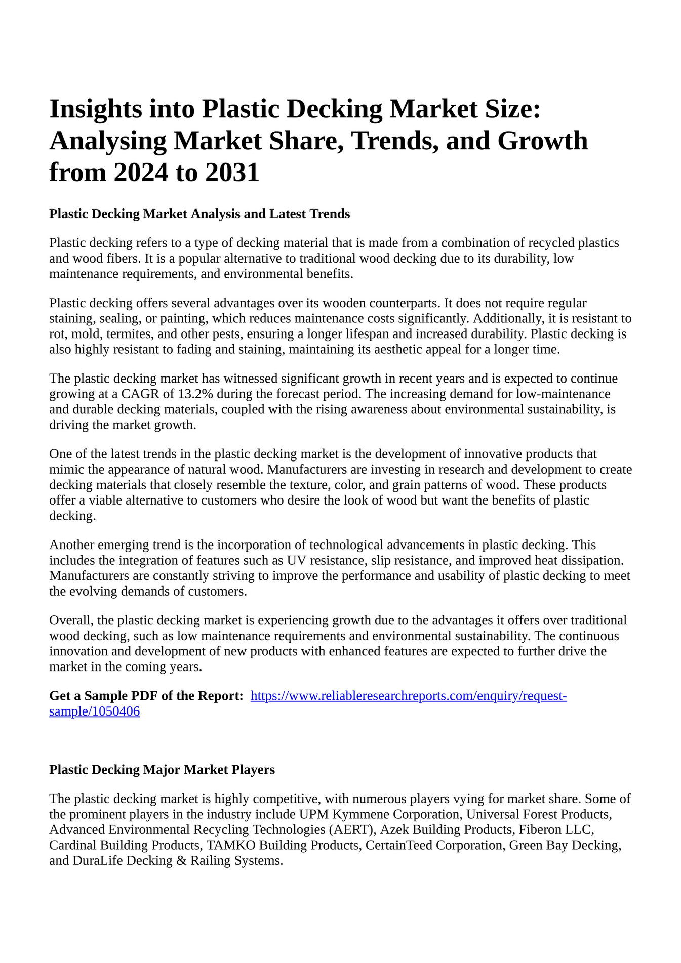 Reportprime Insights into Plastic Decking Market Size Analysing