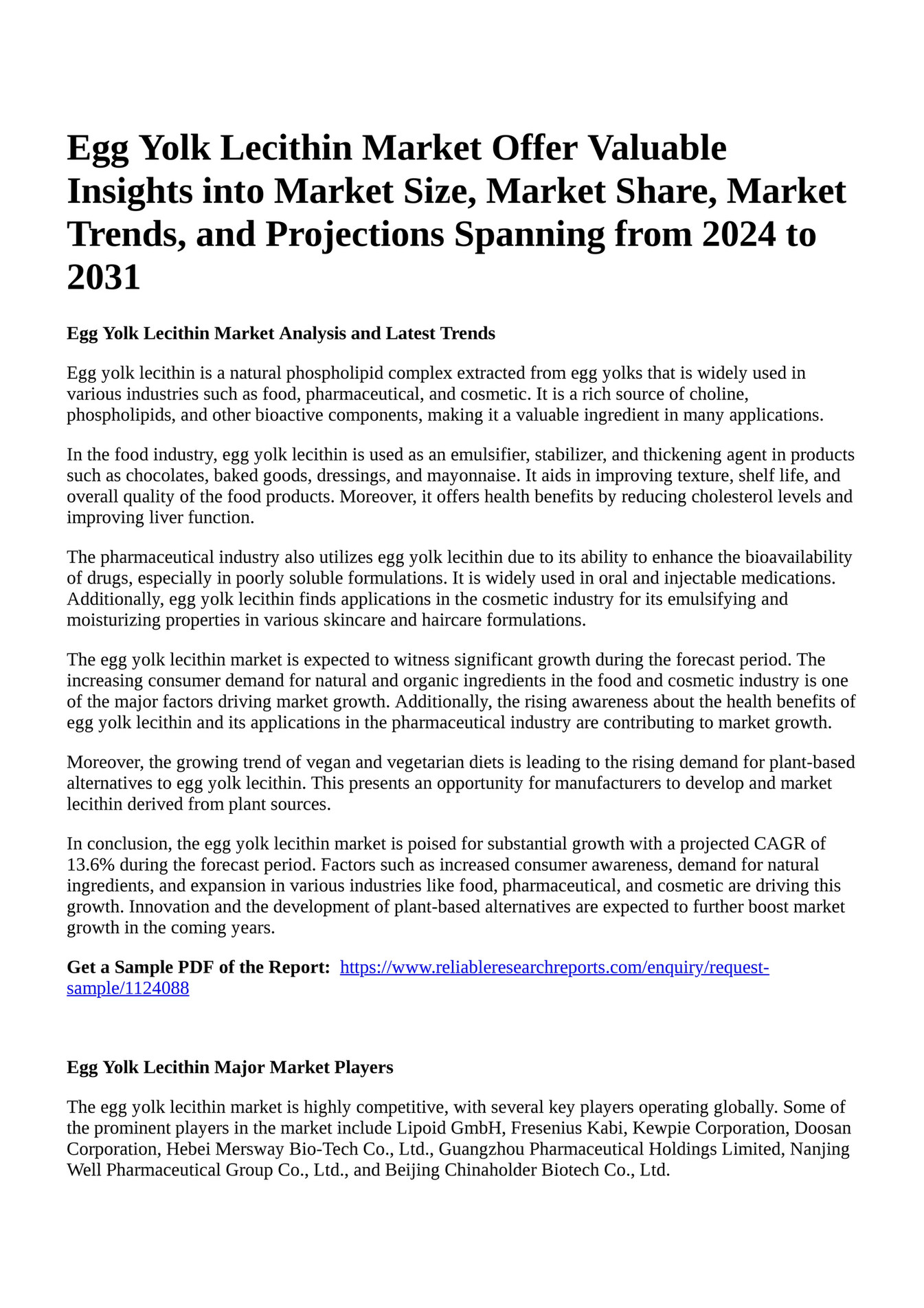 Reportprime Egg Yolk Lecithin Market Offer Valuable Insights into