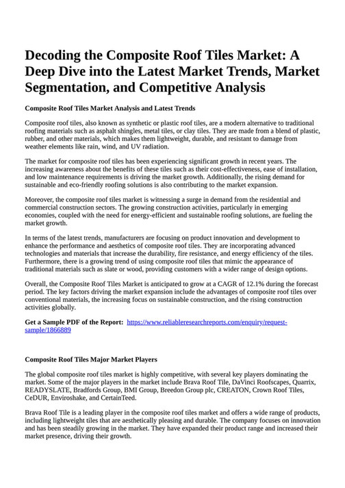 Reportprime - Decoding the Composite Roof Tiles Market: A Deep Dive 