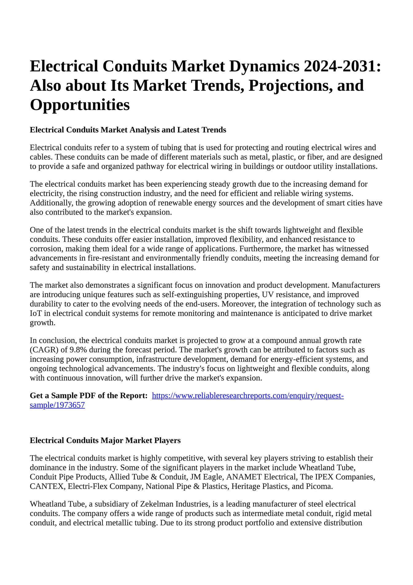 Reportprime Electrical Conduits Market Dynamics 20242031 Also about