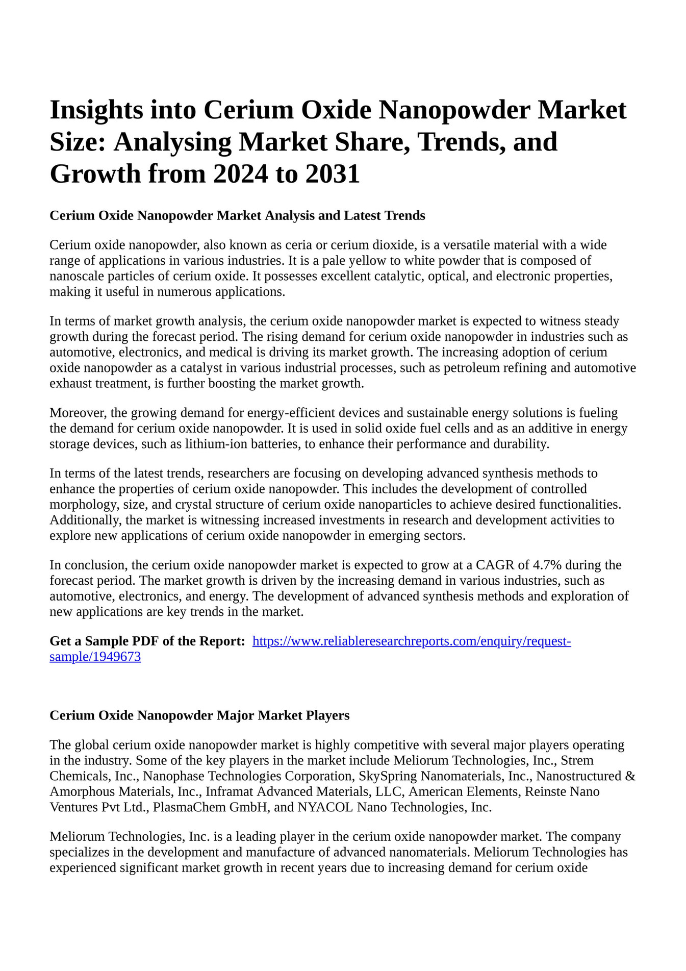 Reportprime - Insights into Cerium Oxide Nanopowder Market Size ...