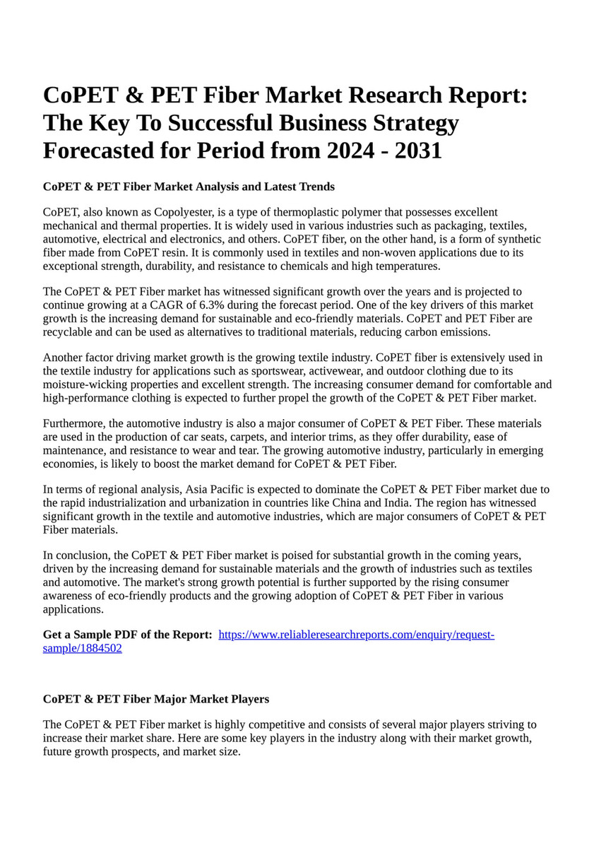 Reportprime - CoPET & PET Fiber Market Research Report: The Key To ...