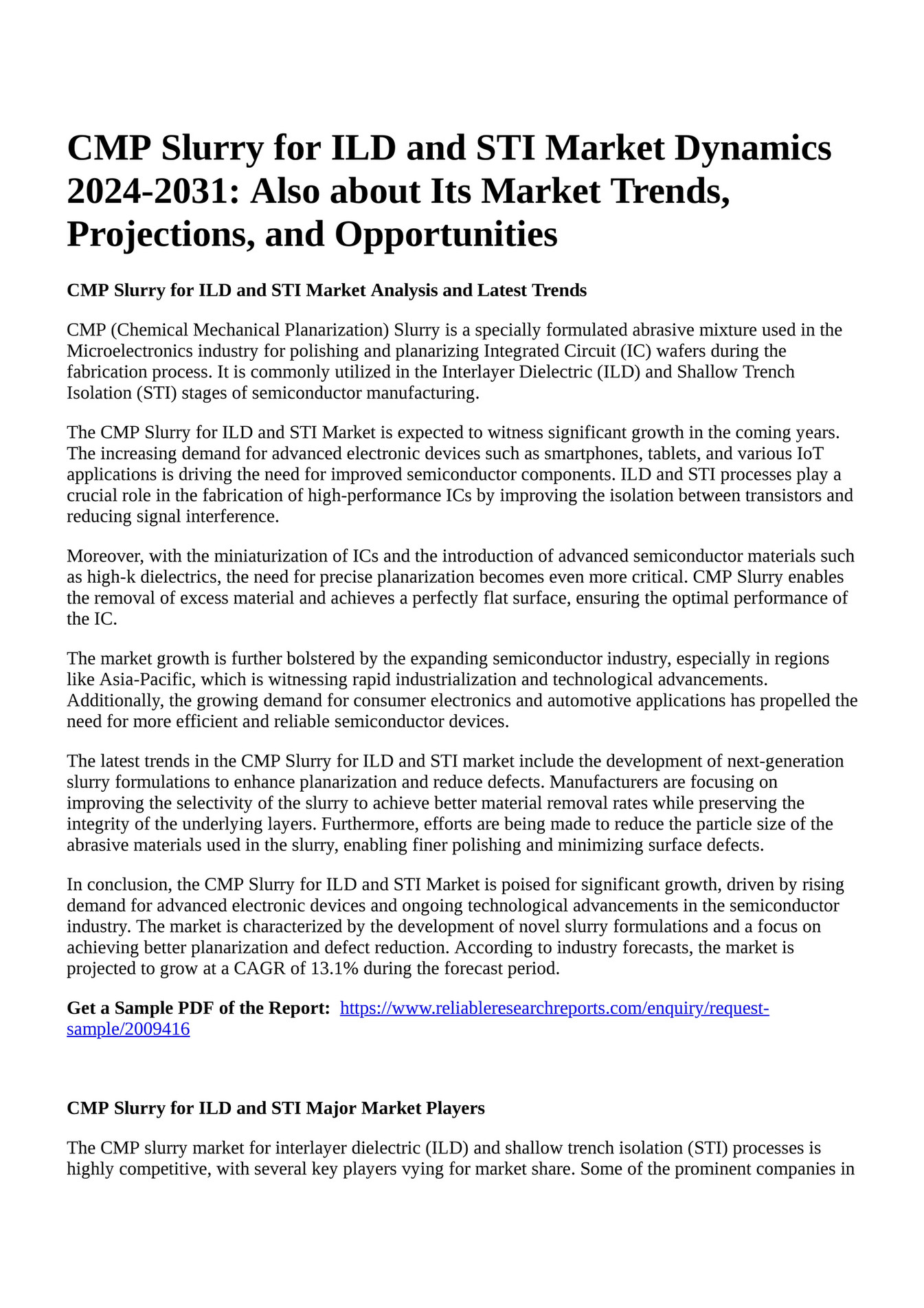 Reportprime - CMP Slurry For ILD And STI Market Dynamics 2024-2031: Also About Its Market Trends ...