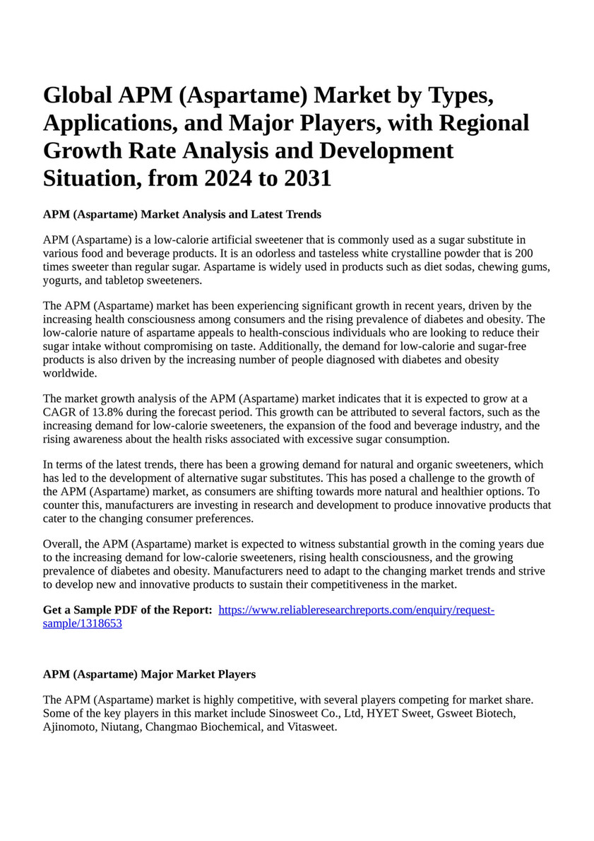 Reportprime Global APM Aspartame Market by Types Applications