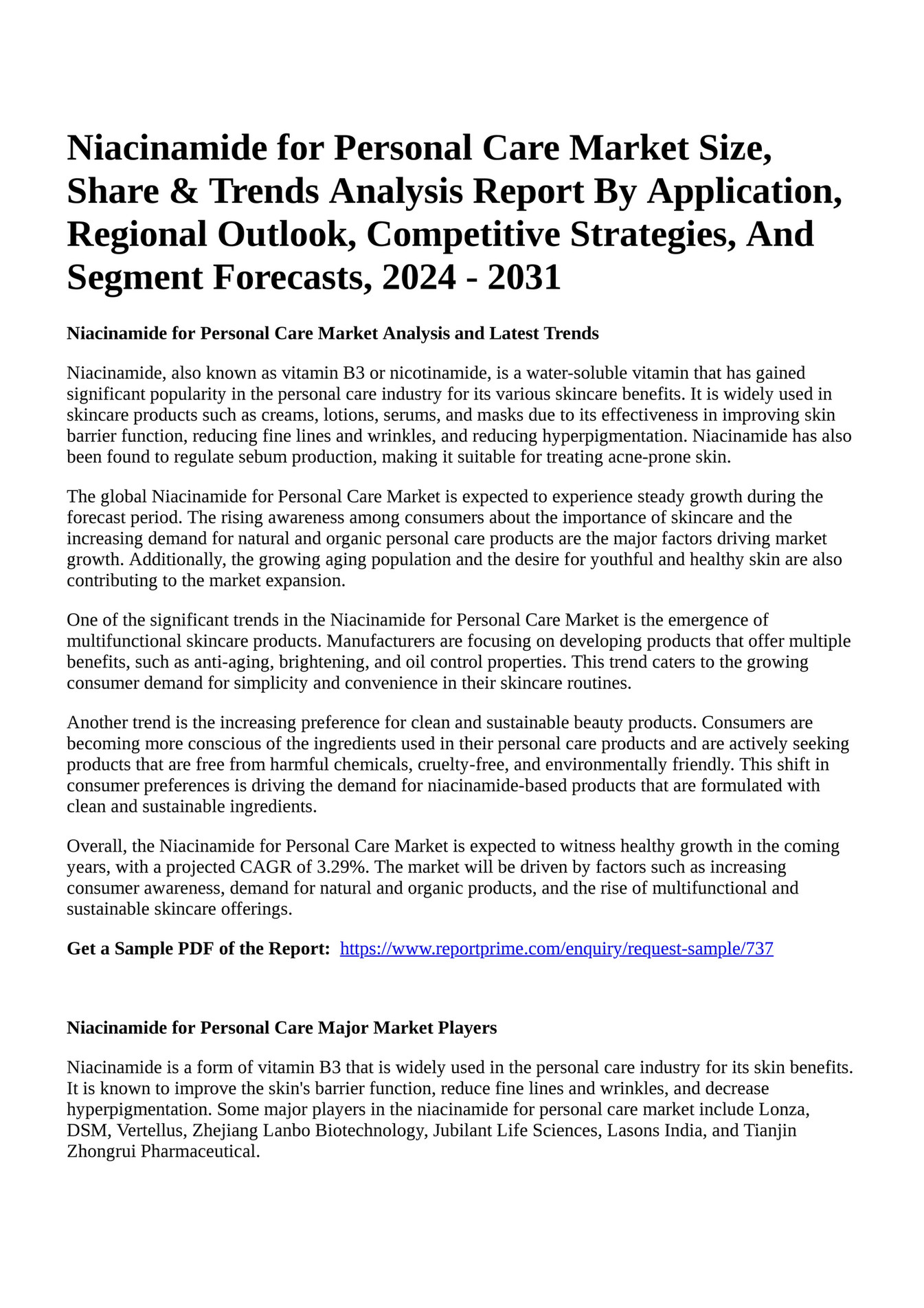 Reportprime Niacinamide for Personal Care Market Size, Share & Trends