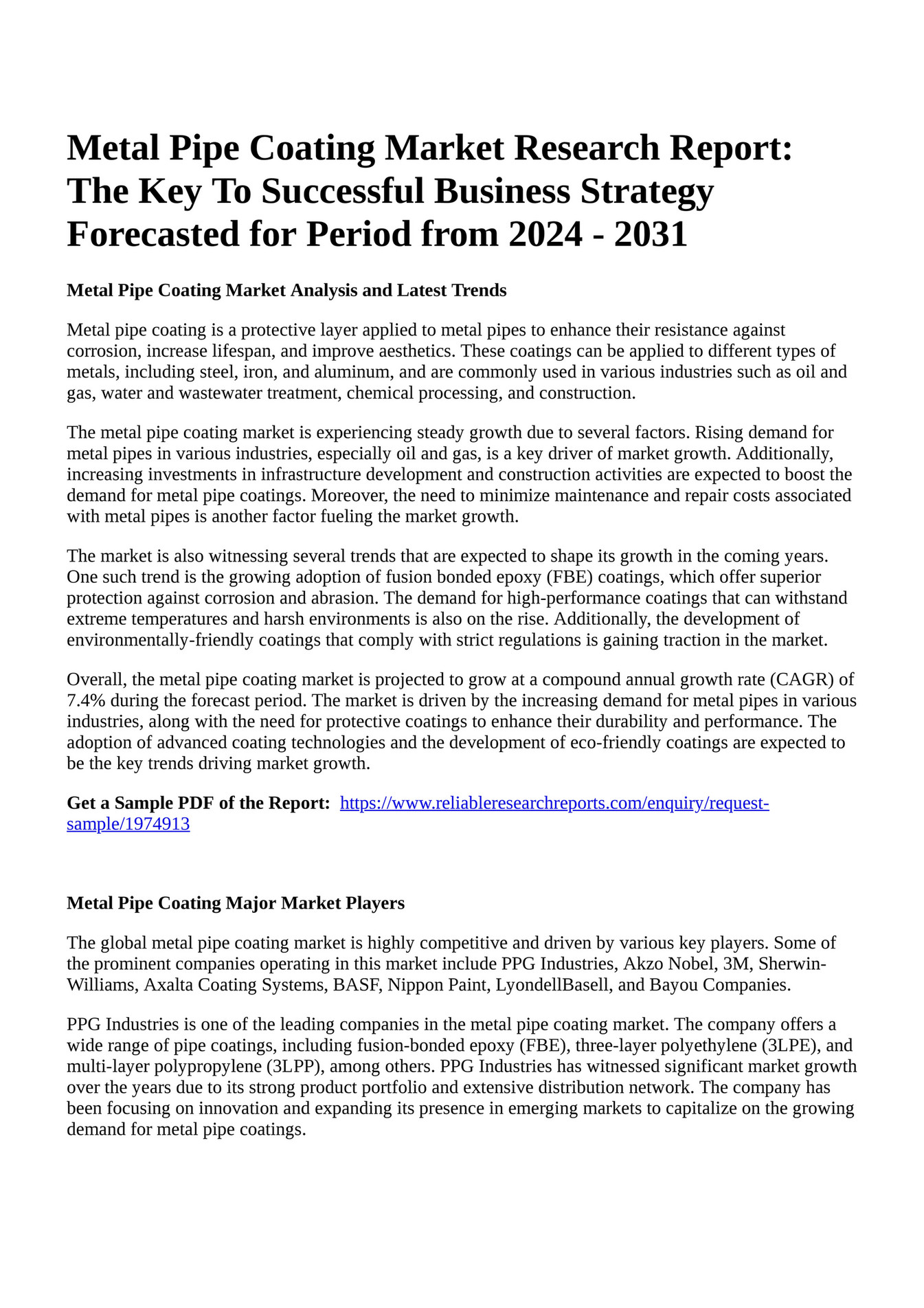 Reportprime - Metal Pipe Coating Market Research Report: The Key To