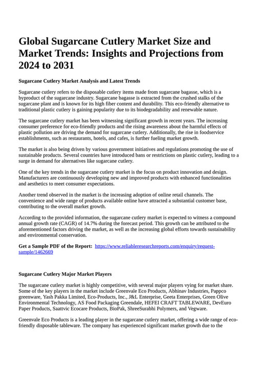 Reportprime Global Sugarcane Cutlery Market Size and Market Trends