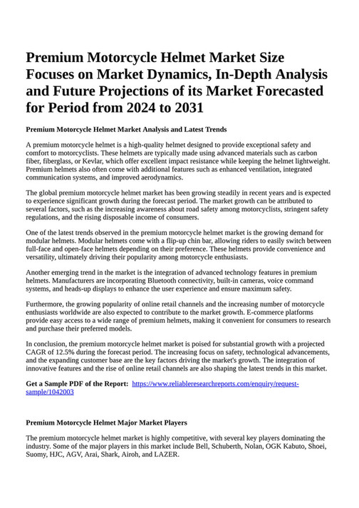 Reportprime Premium Motorcycle Helmet Market Size Focuses on Market