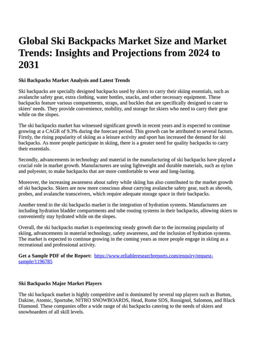 Reportprime Global Ski Backpacks Market Size and Market Trends Insights and Projections from