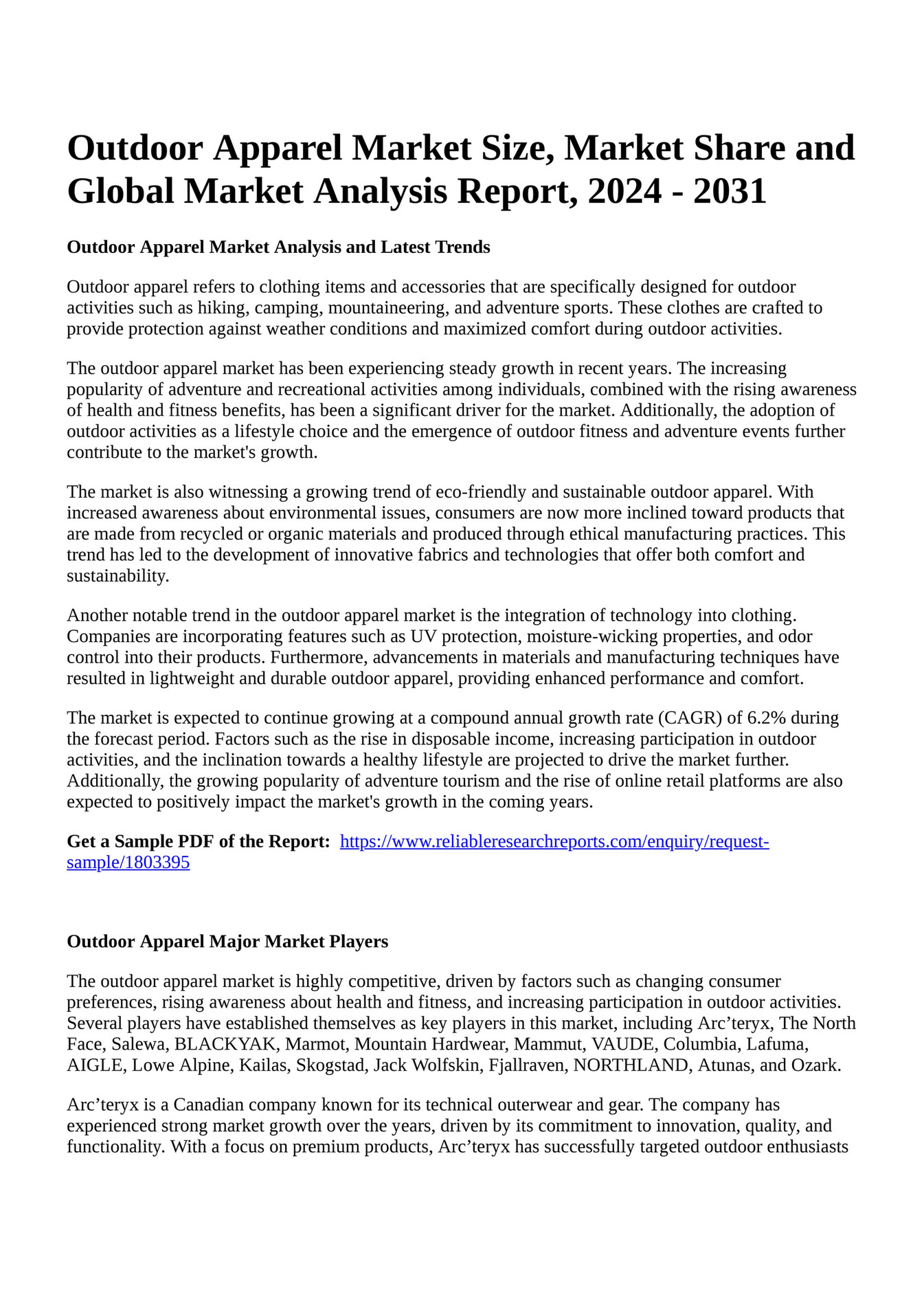 Reportprime Outdoor Apparel Market Size, Market Share and Global