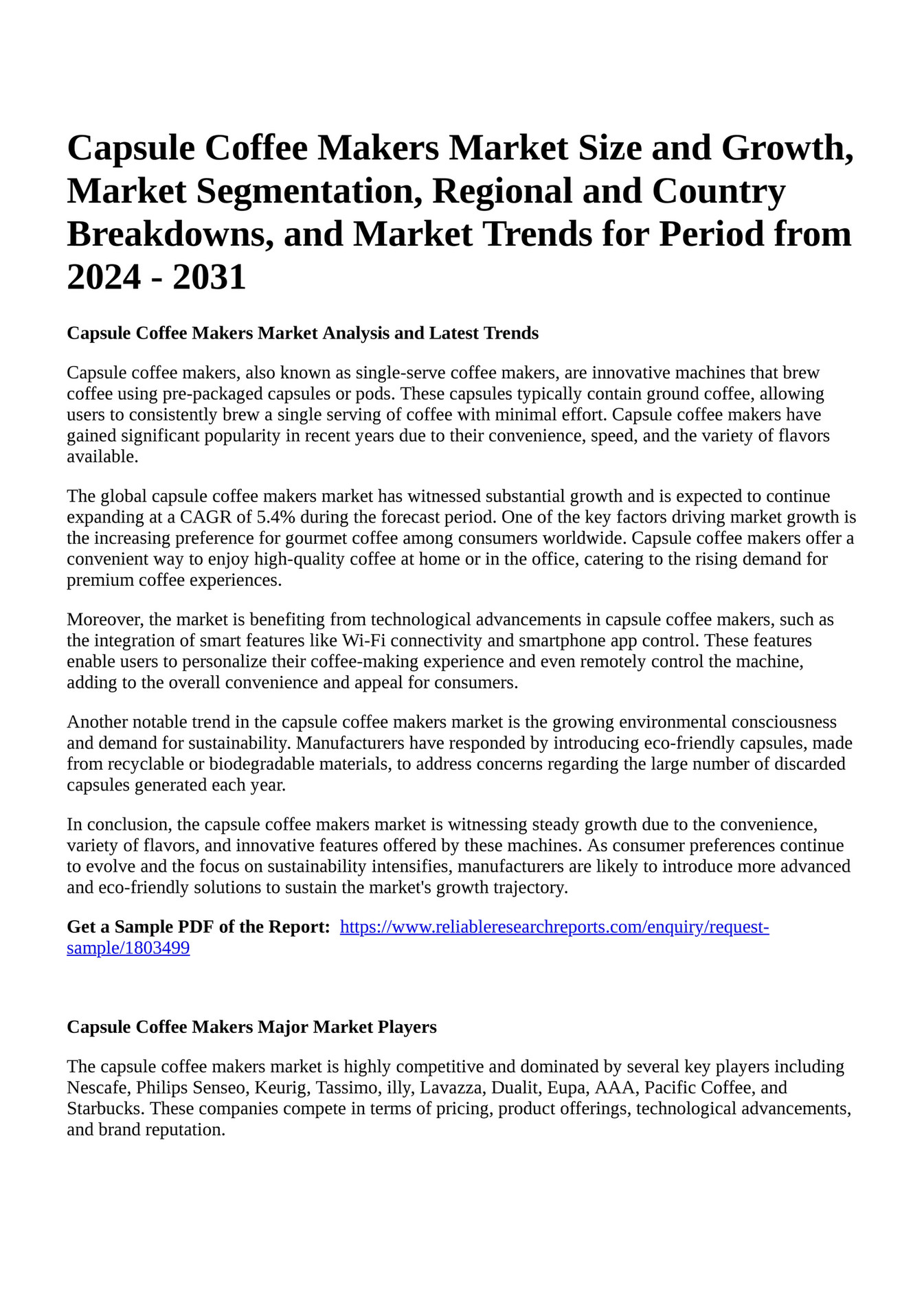 Reportprime Capsule Coffee Makers Market Size and Growth, Market Segmentation, Regional and