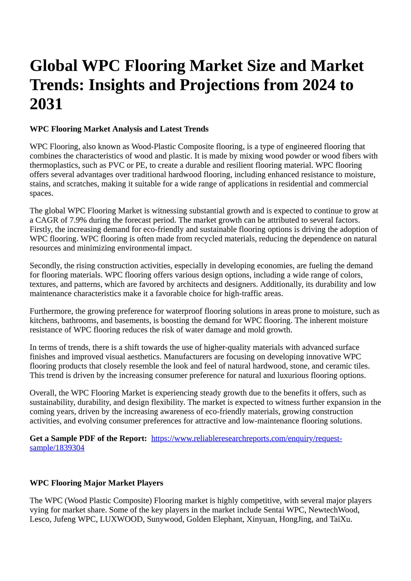 Reportprime Global WPC Flooring Market Size and Market Trends