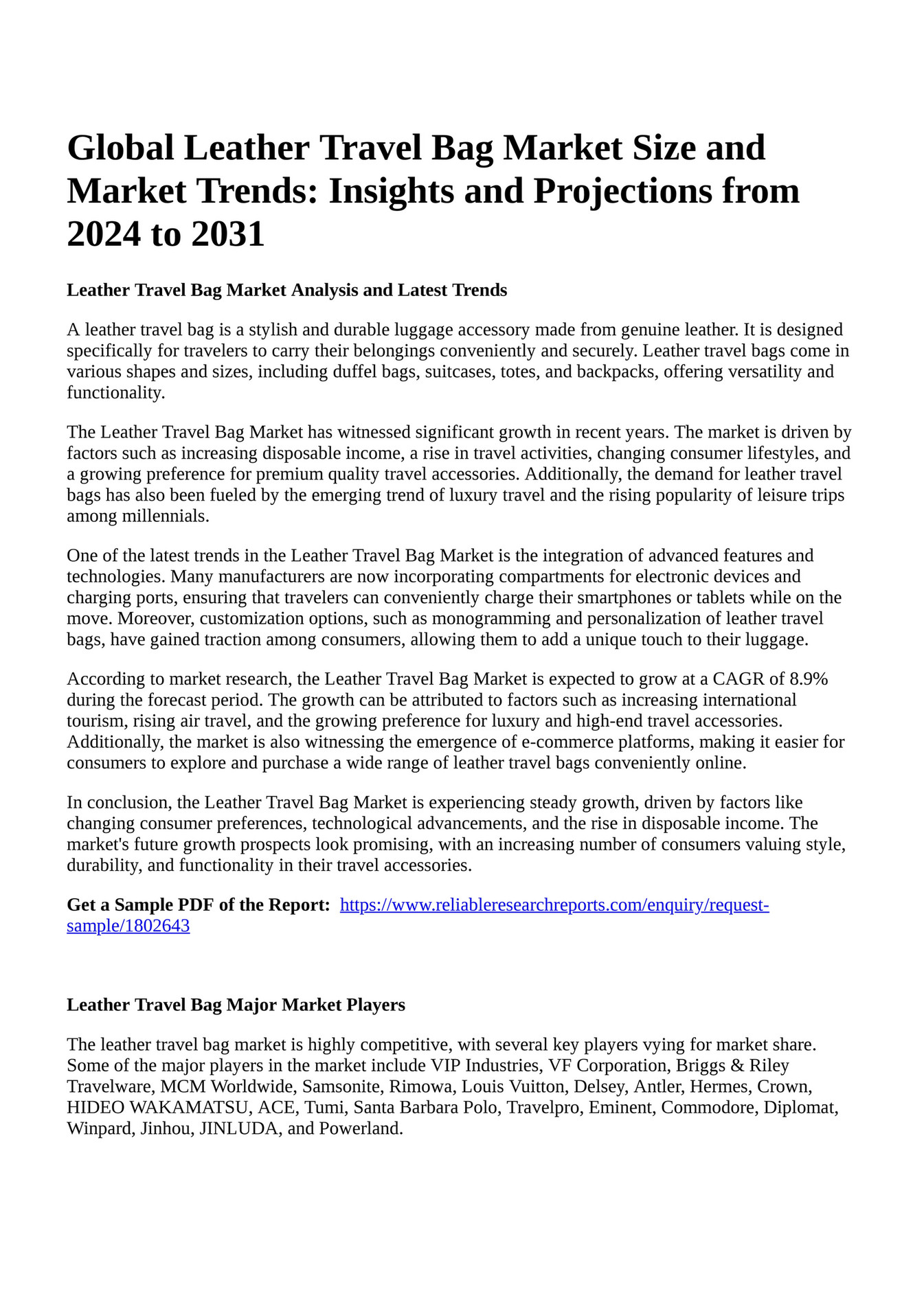 Reportprime Global Leather Travel Bag Market Size and Market Trends