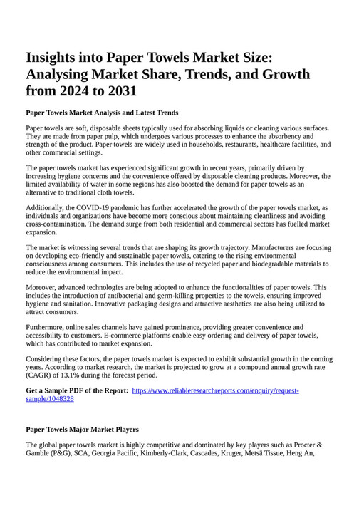 Reportprime Insights into Paper Towels Market Size Analysing Market Share, Trends, and Growth