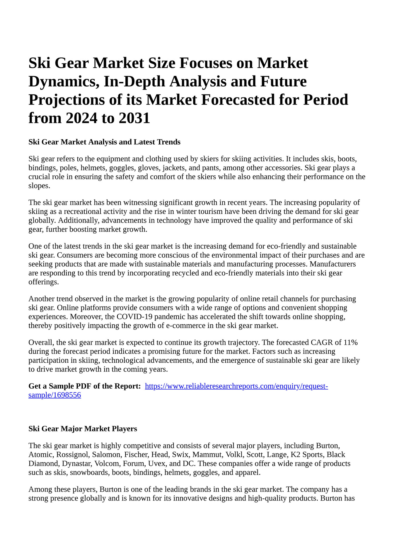 Reportprime Ski Gear Market Size Focuses on Market Dynamics, InDepth Analysis and Future