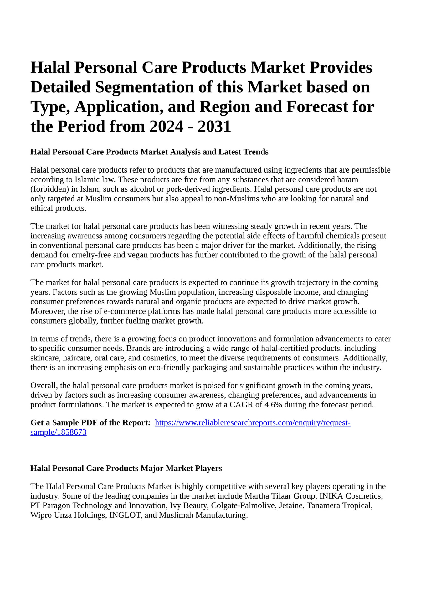 Reportprime Halal Personal Care Products Market Provides Detailed