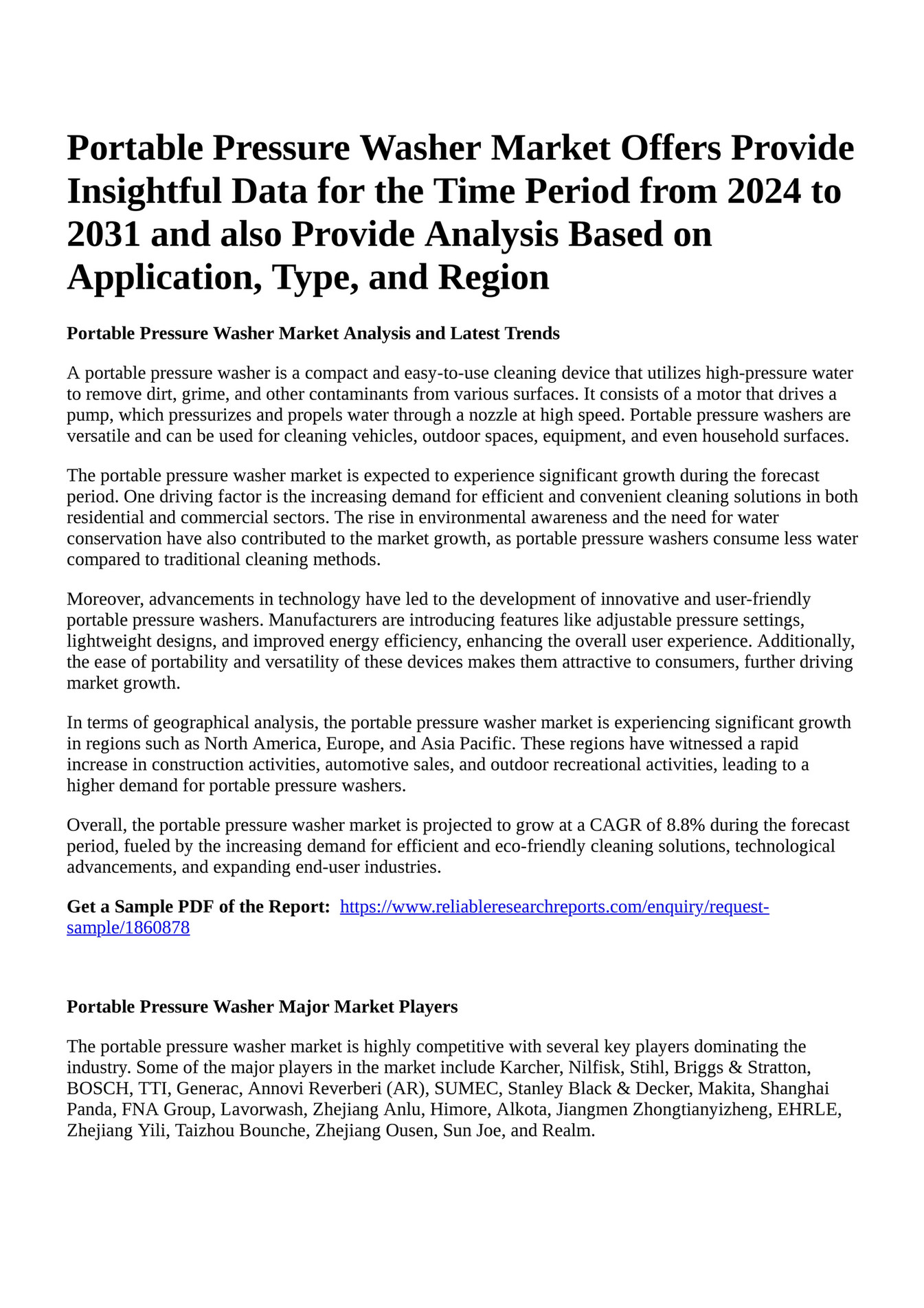 Reportprime Portable Pressure Washer Market Offers Provide Insightful