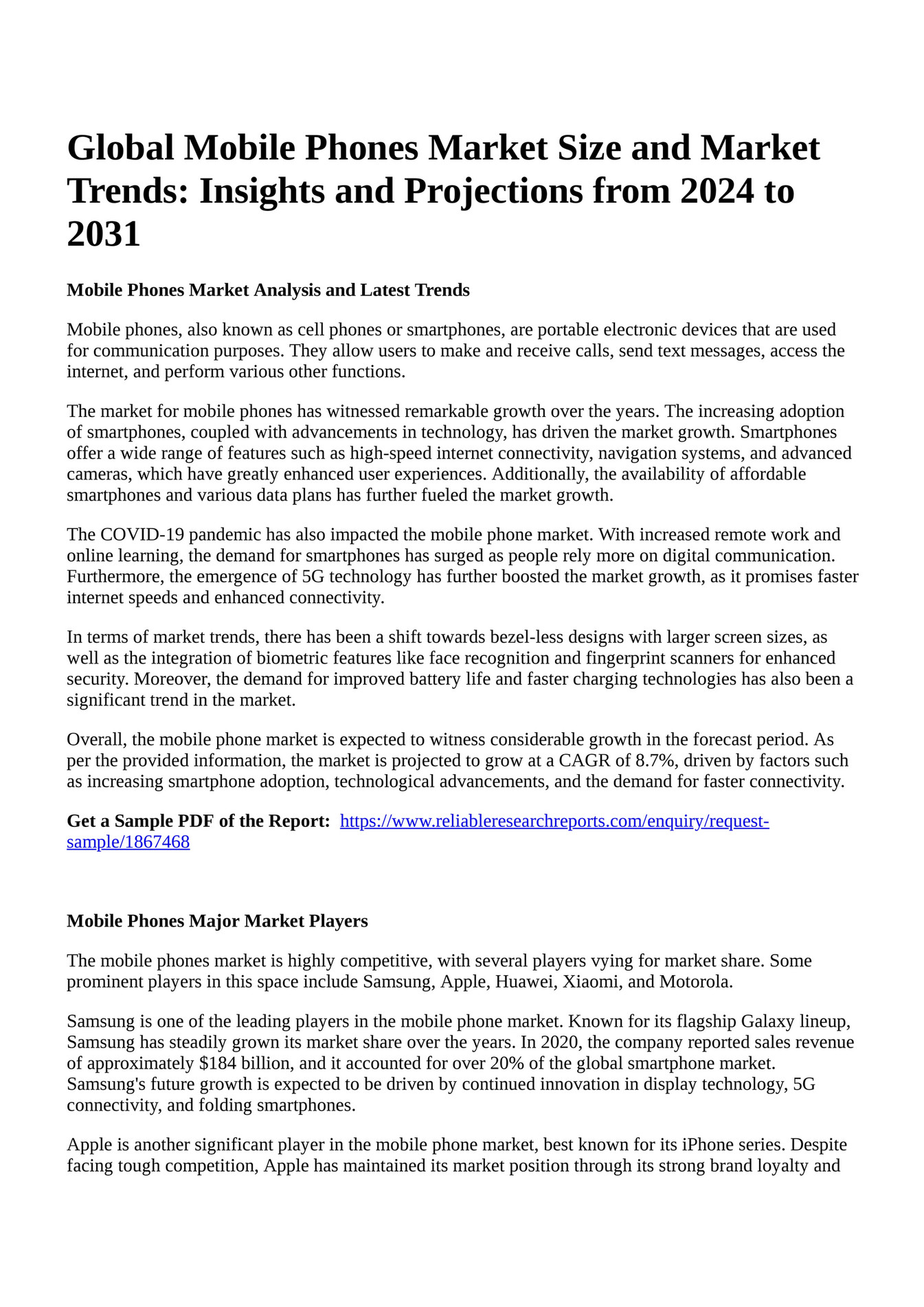 Reportprime Global Mobile Phones Market Size and Market Trends