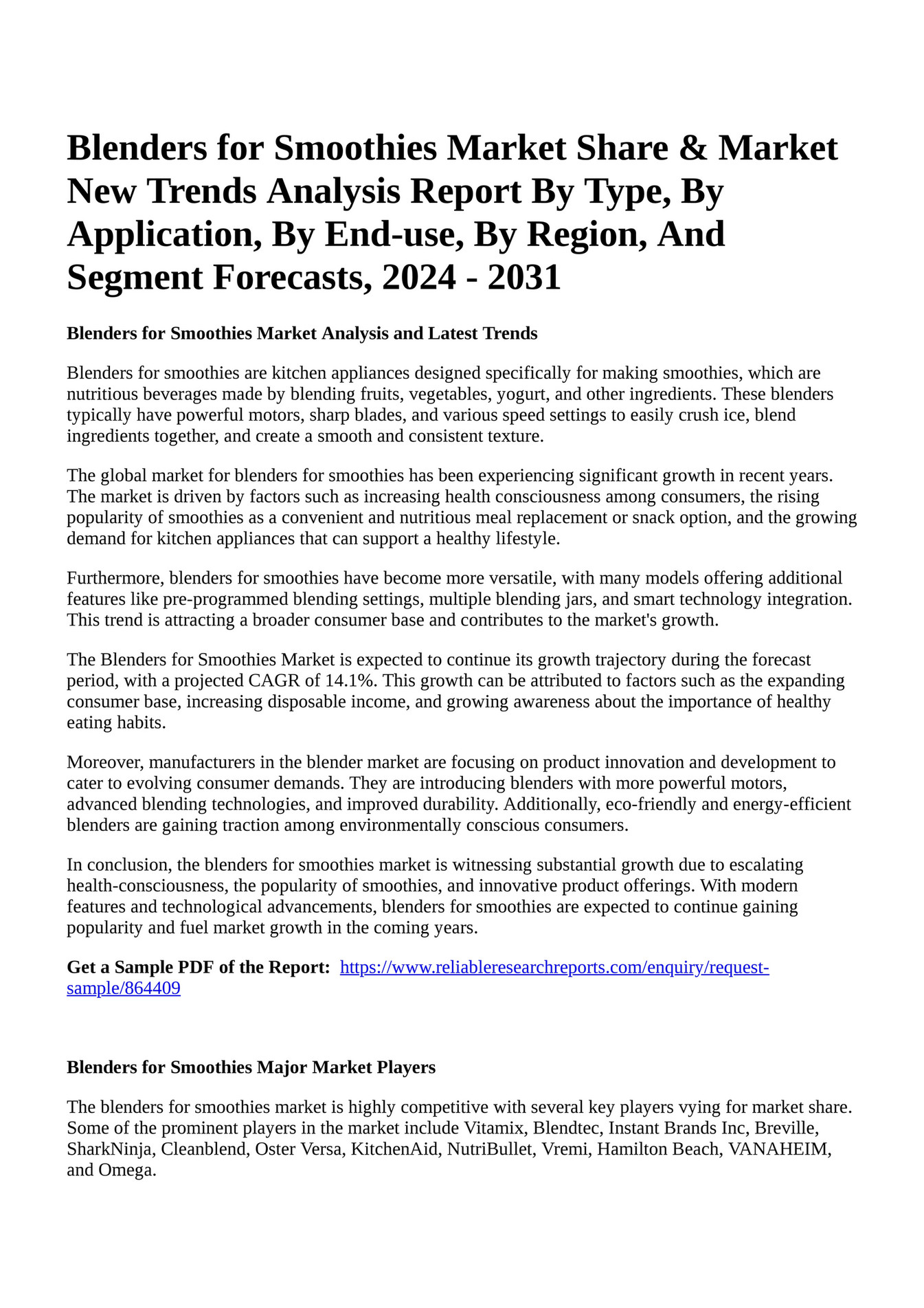 Reportprime Blenders for Smoothies Market Share & Market New Trends