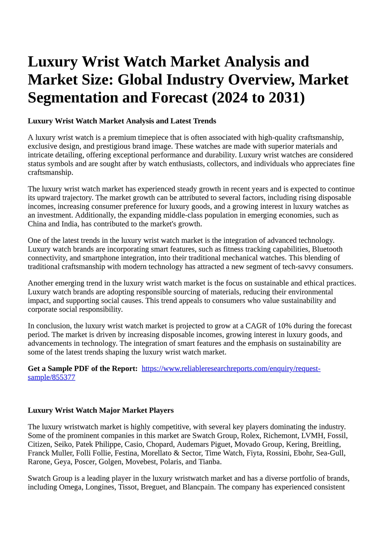 Reportprime Luxury Wrist Watch Market Analysis and Market Size
