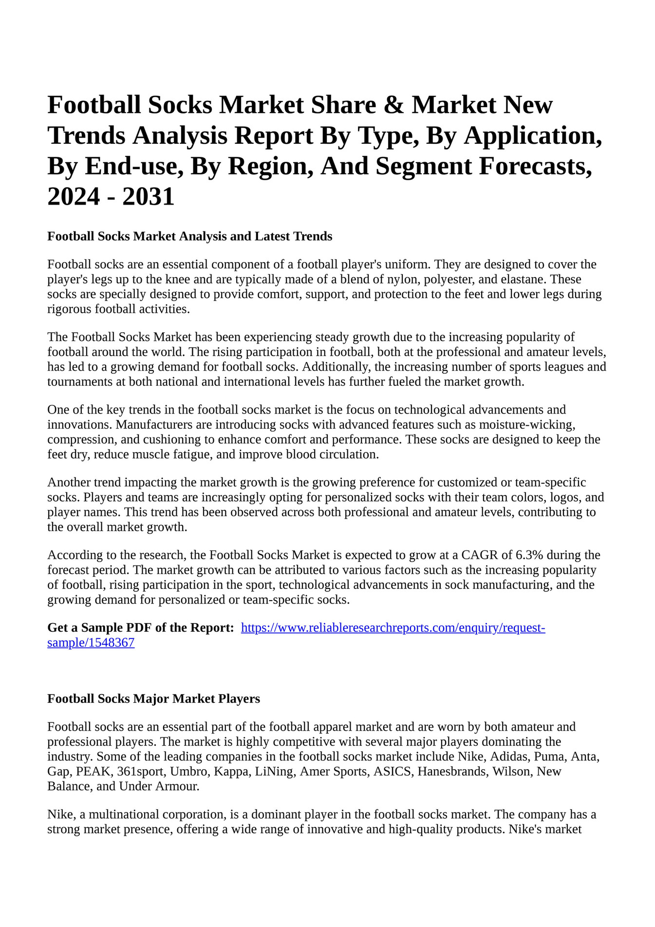 Reportprime Football Socks Market Share & Market New Trends Analysis