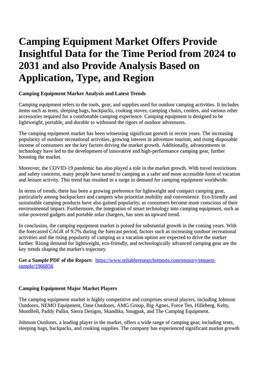 Reportprime Camping Equipment Market Offers Provide Insightful Data