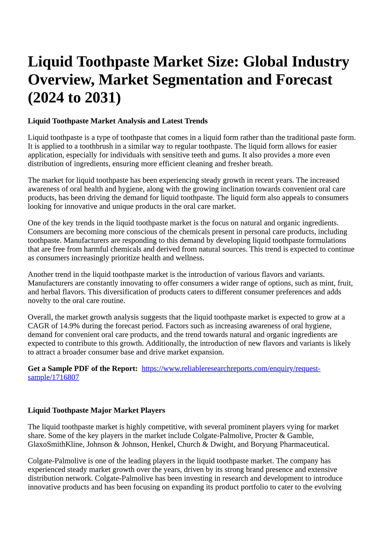 Reportprime Liquid Toothpaste Market Size Global Industry Overview