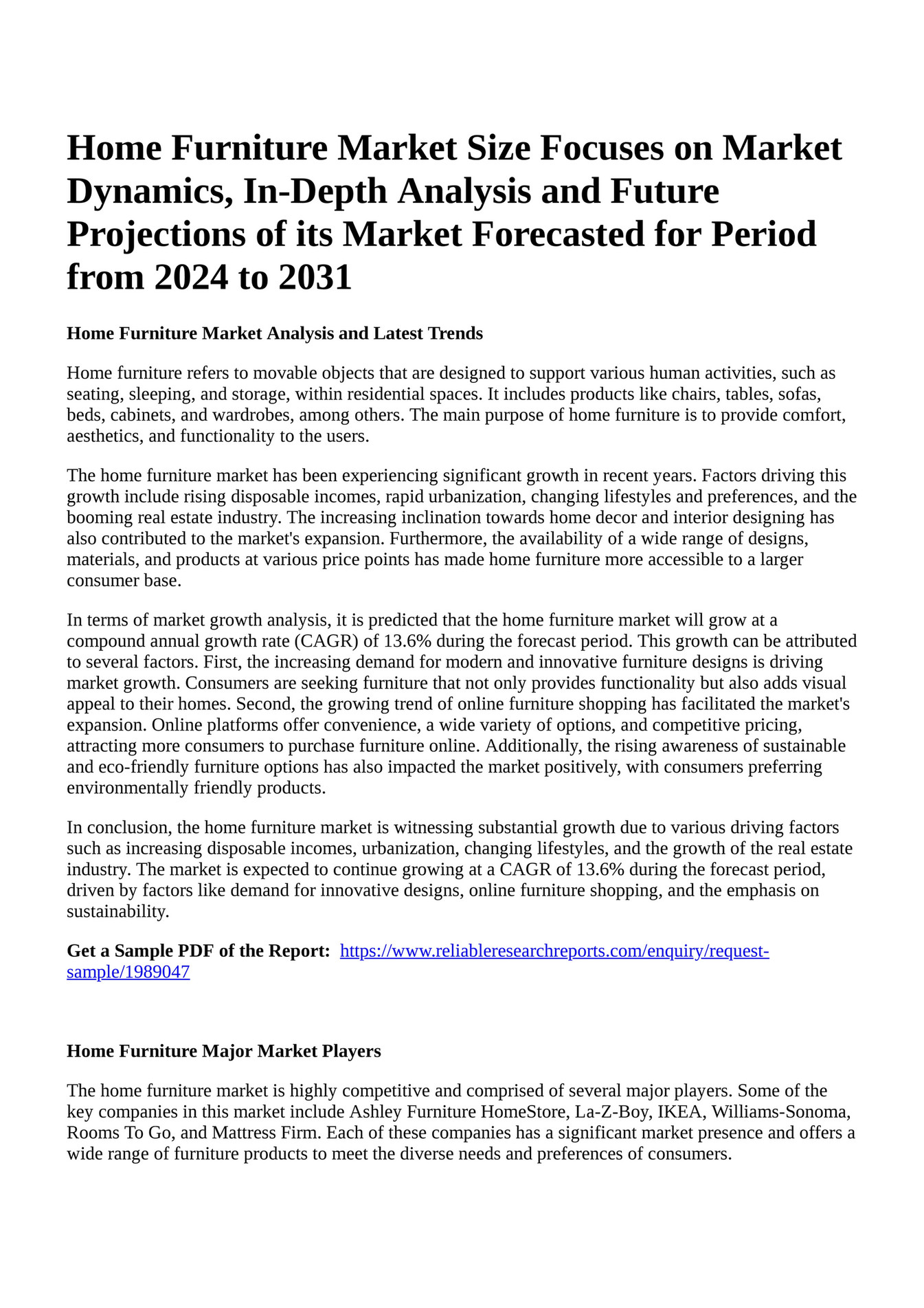 Reportprime Home Furniture Market Size Focuses on Market Dynamics, In