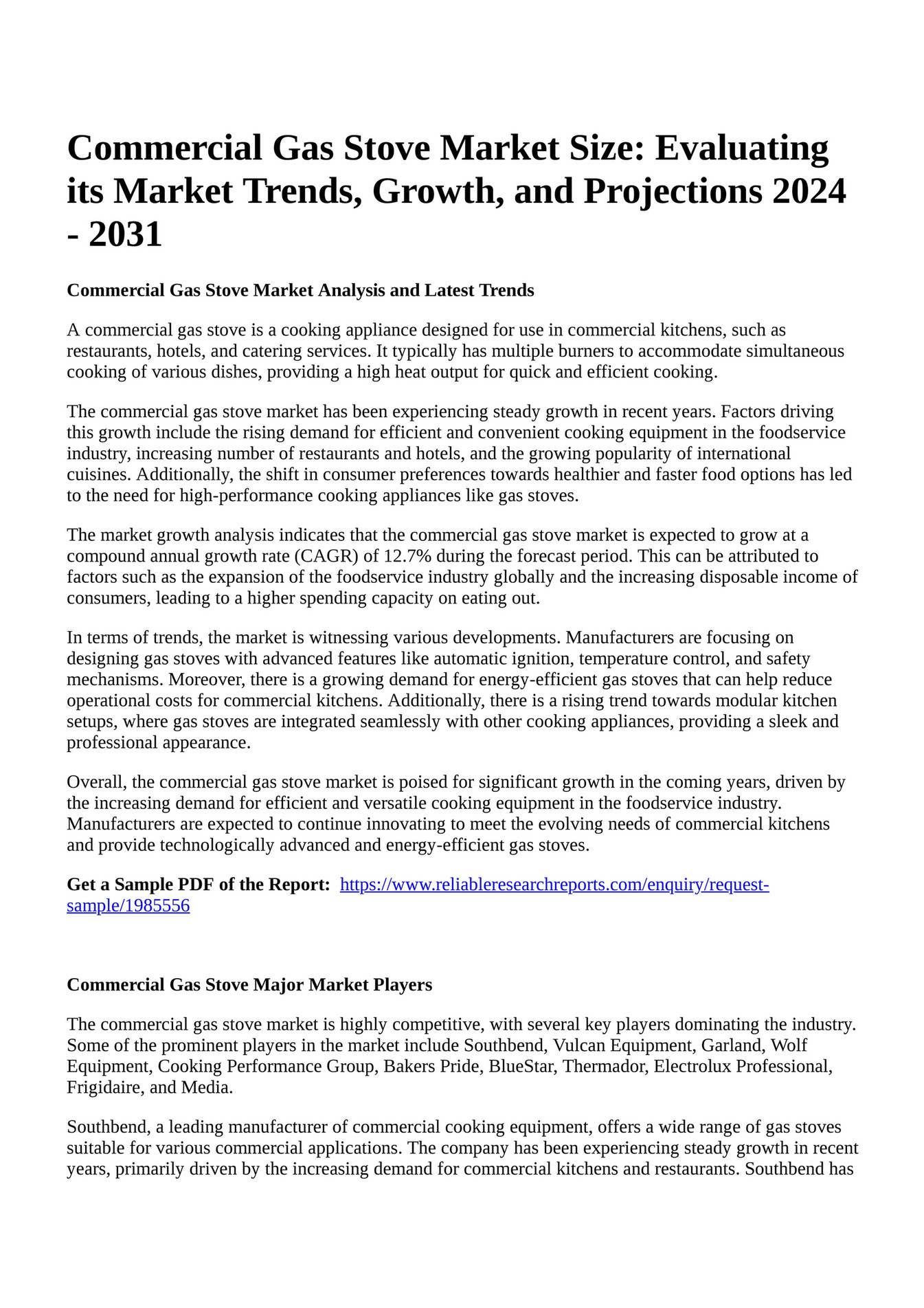 Reportprime Commercial Gas Stove Market Size Evaluating its Market