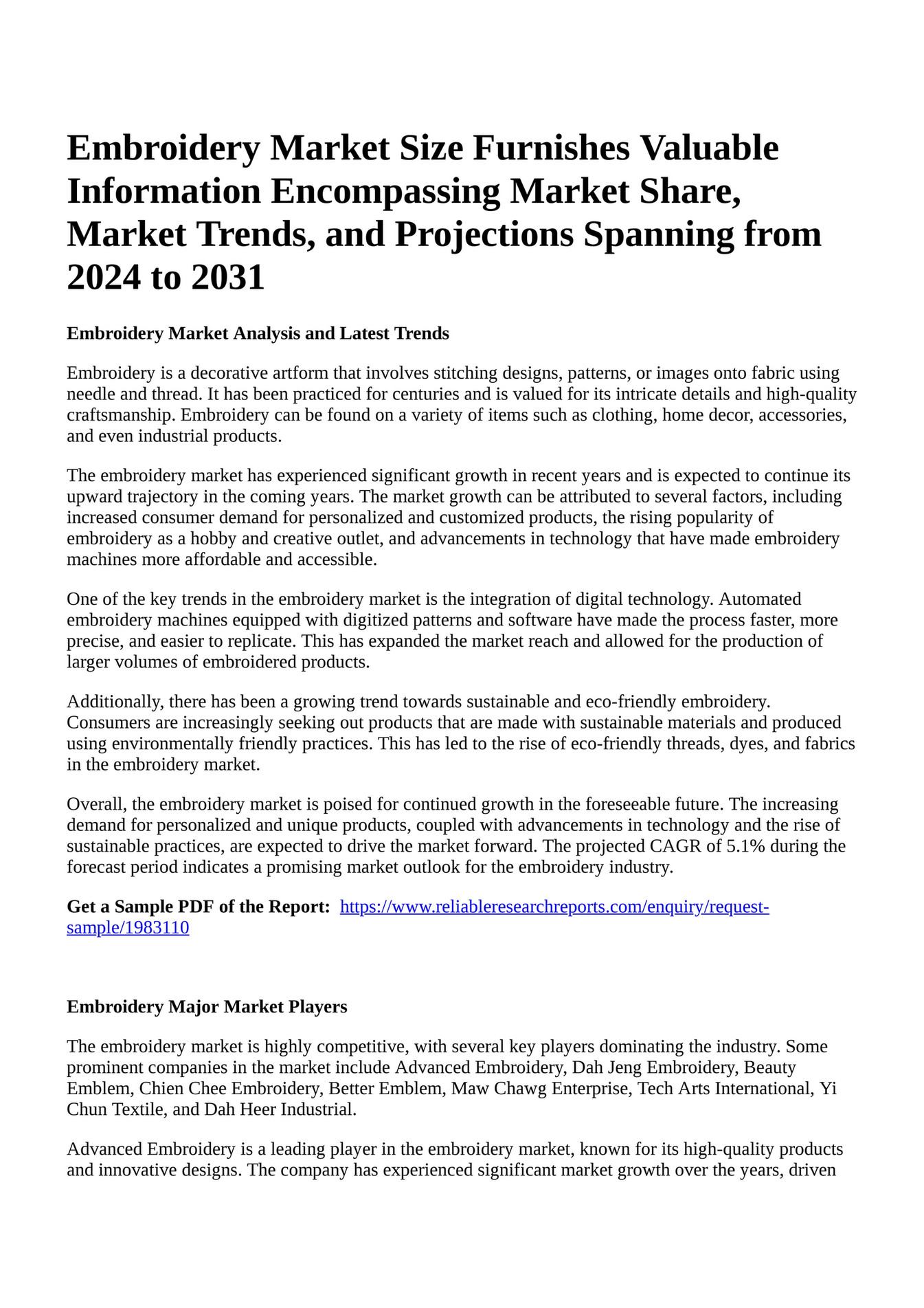 Reportprime - Embroidery Market Size Furnishes Valuable Information