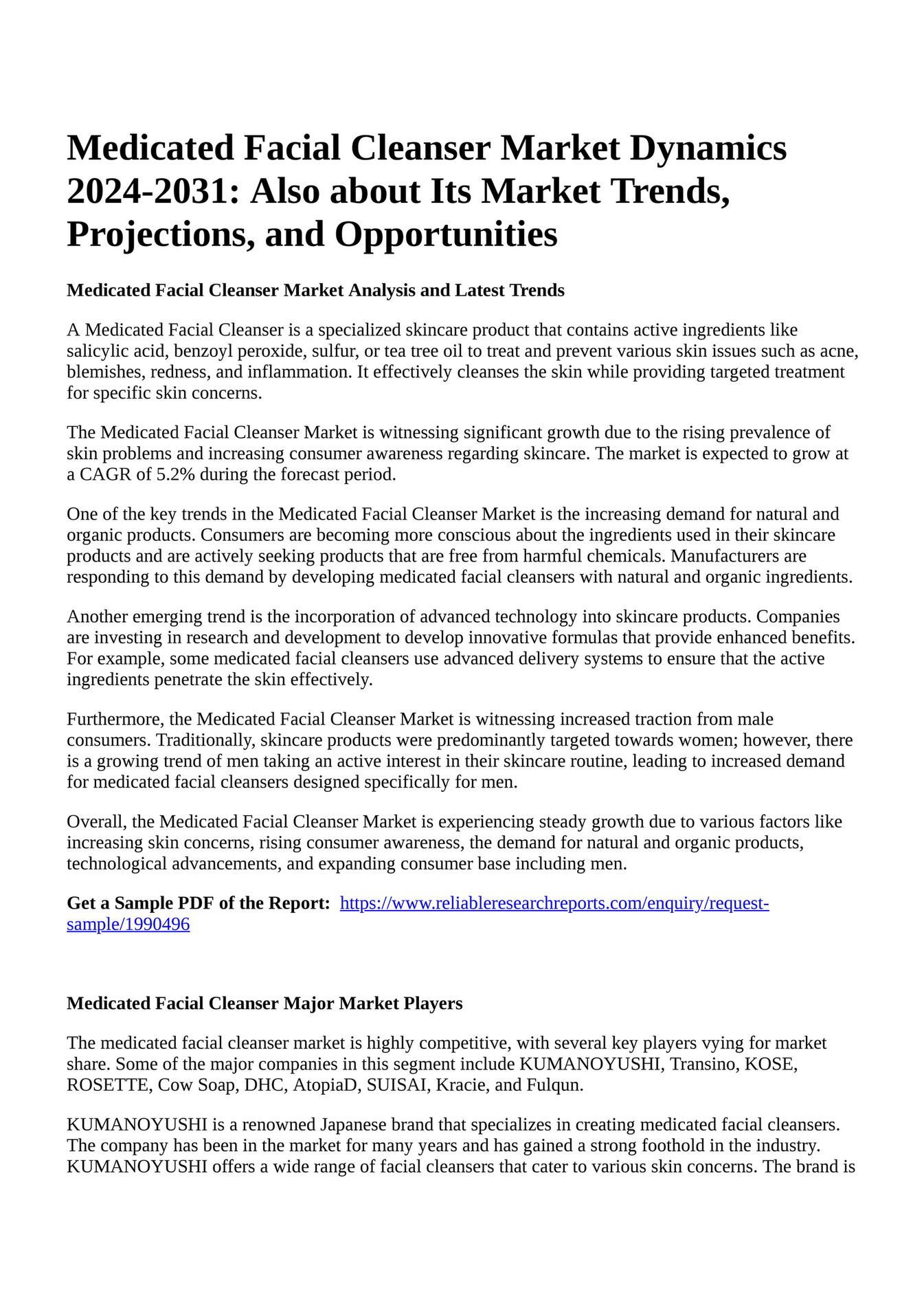 Reportprime Medicated Facial Cleanser Market Dynamics 20242031 Also