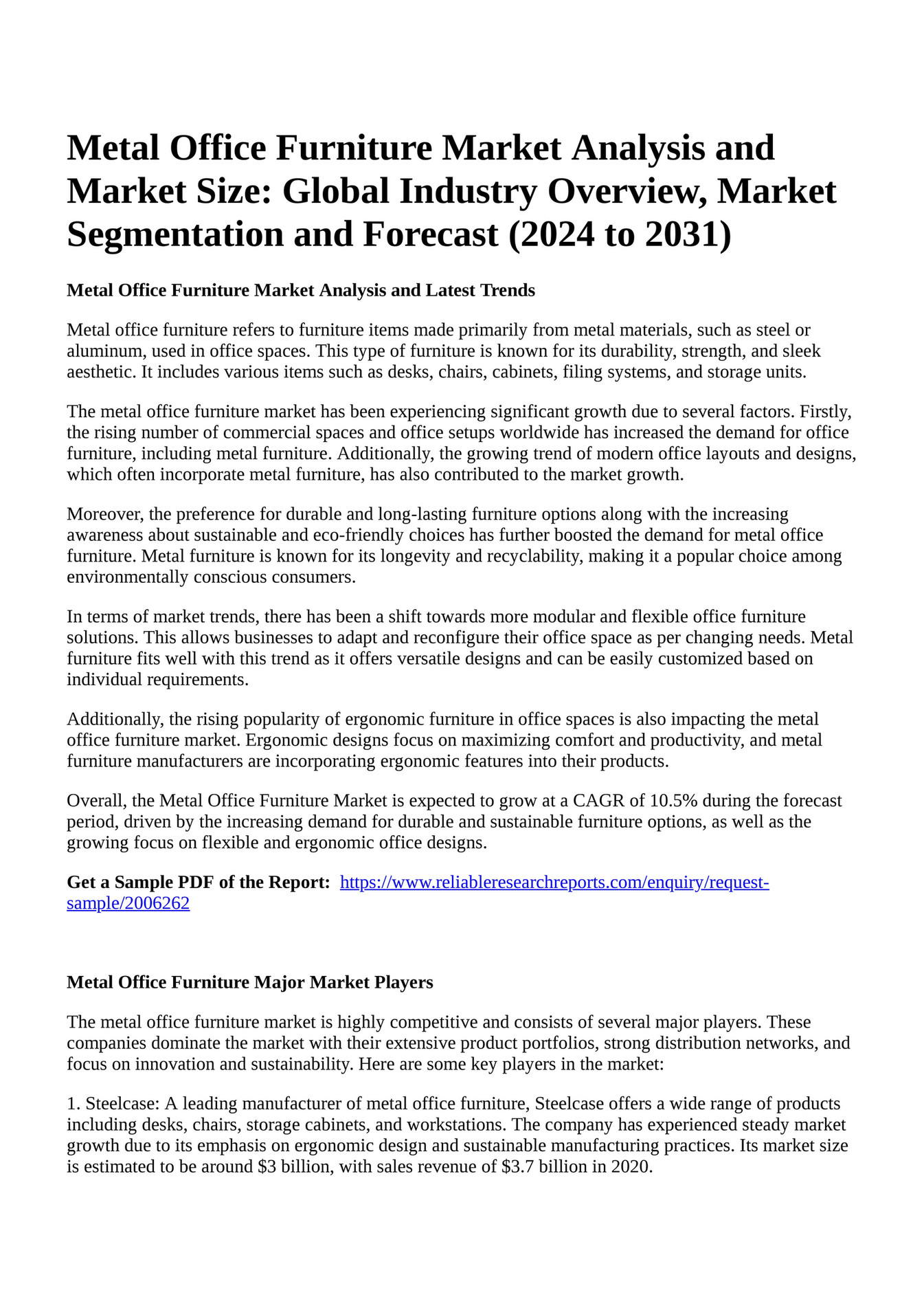 Reportprime Metal Office Furniture Market Analysis and Market Size