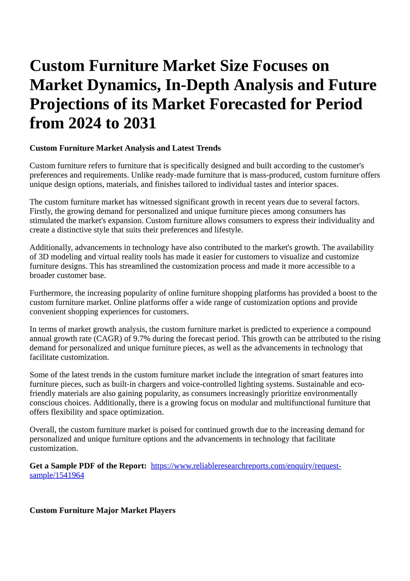 Reportprime Custom Furniture Market Size Focuses on Market Dynamics