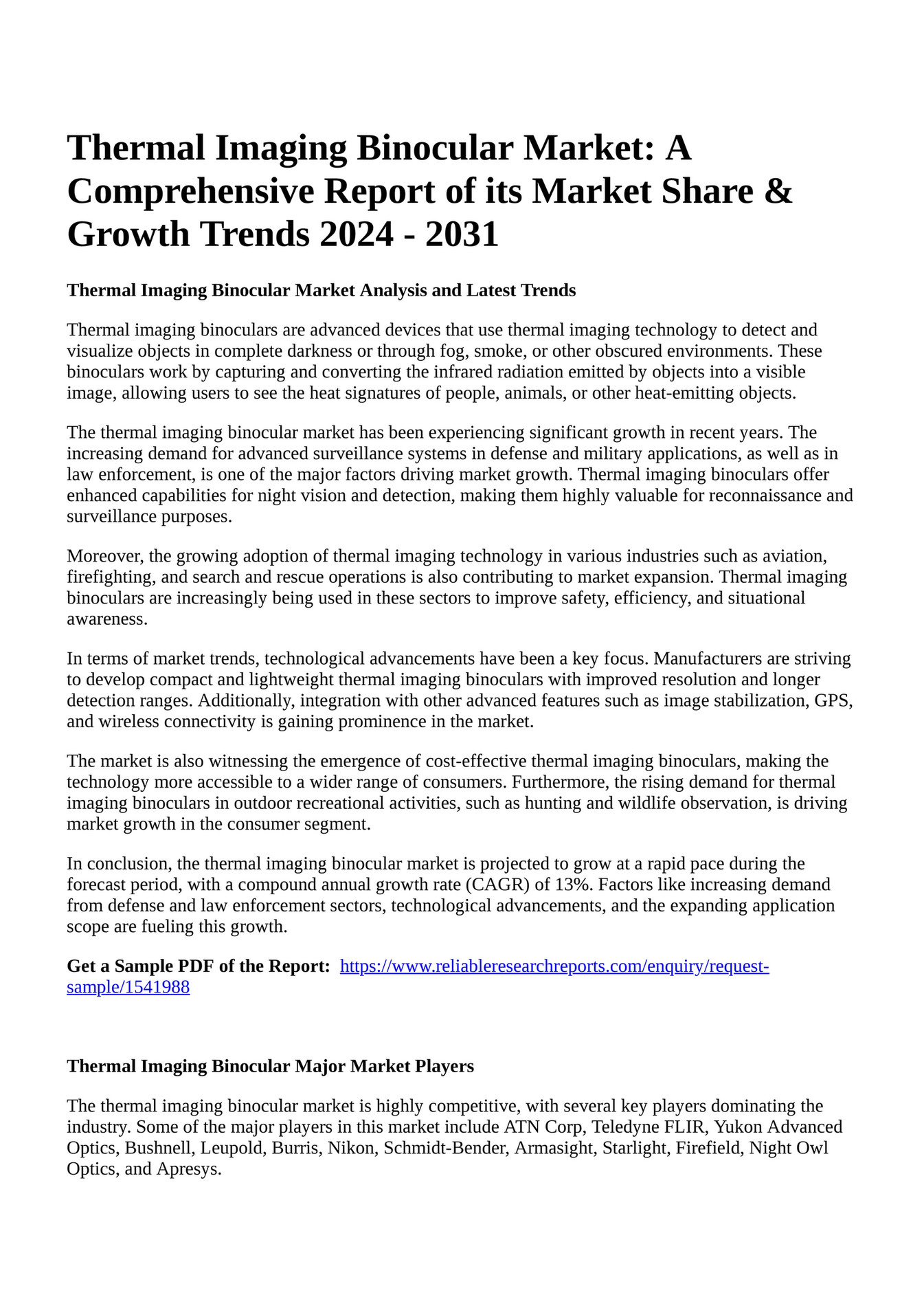 Reportprime Thermal Imaging Binocular Market A Comprehensive Report