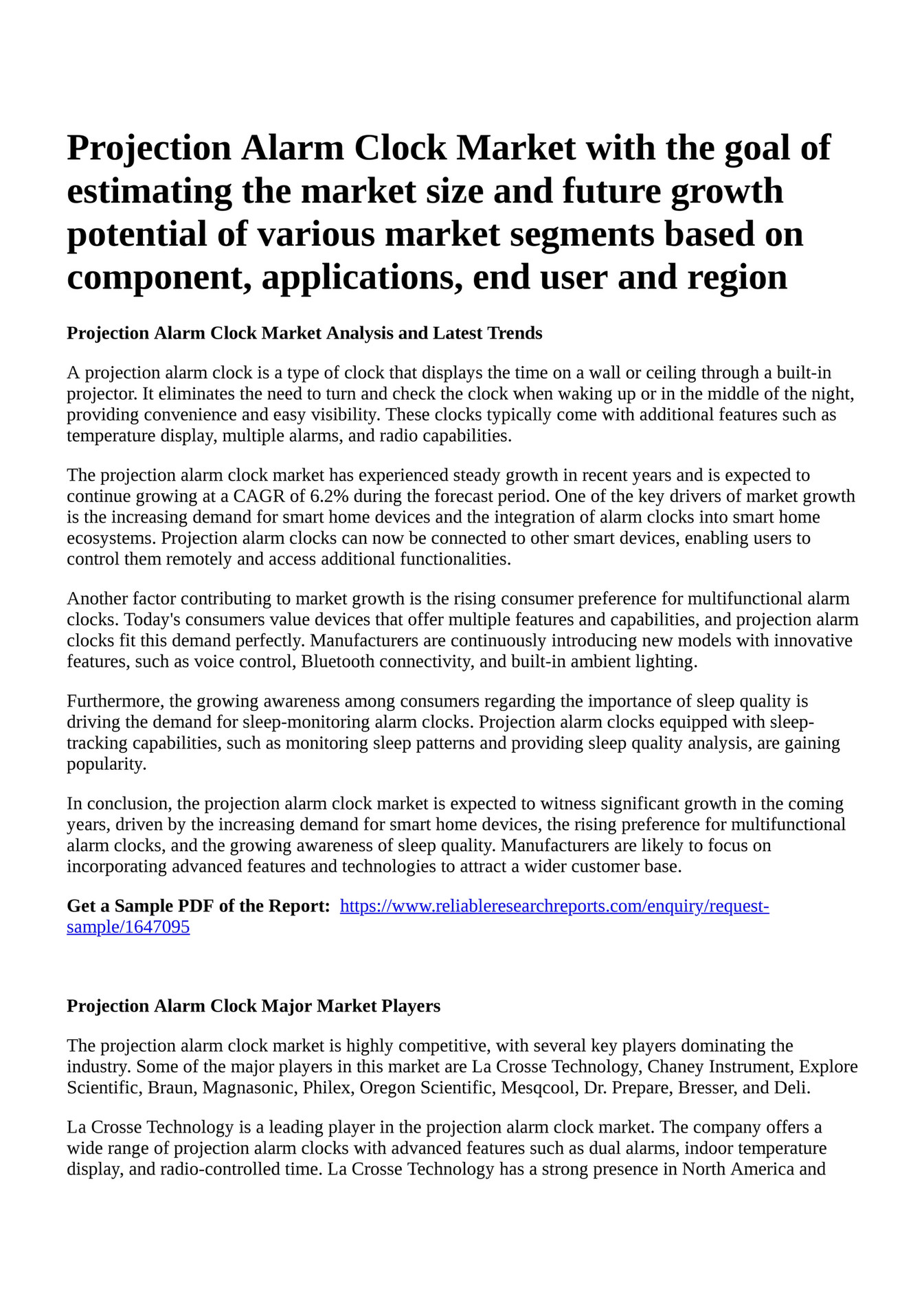 Reportprime Projection Alarm Clock Market with the goal of estimating the market size and