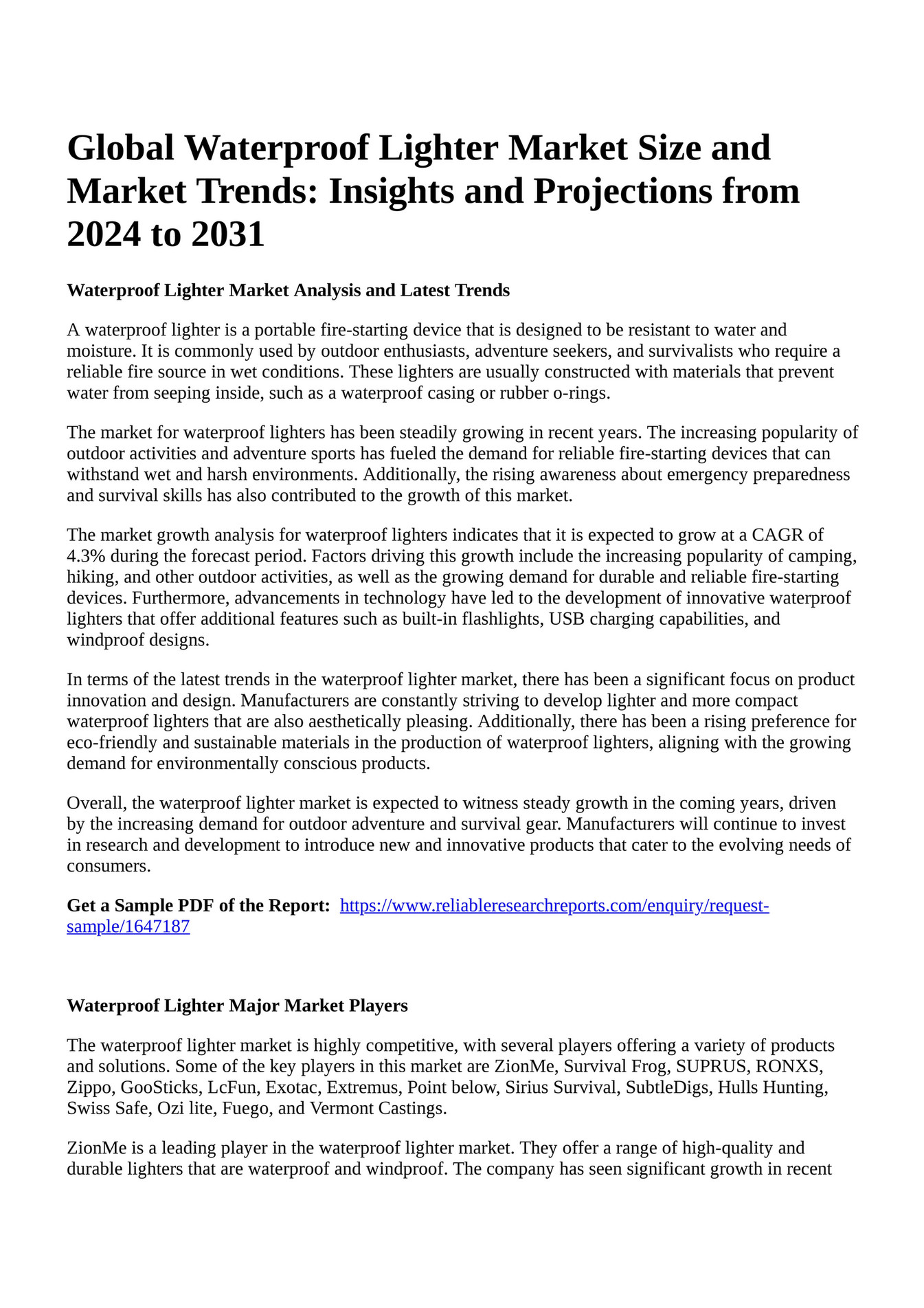 Reportprime Global Waterproof Lighter Market Size and Market Trends