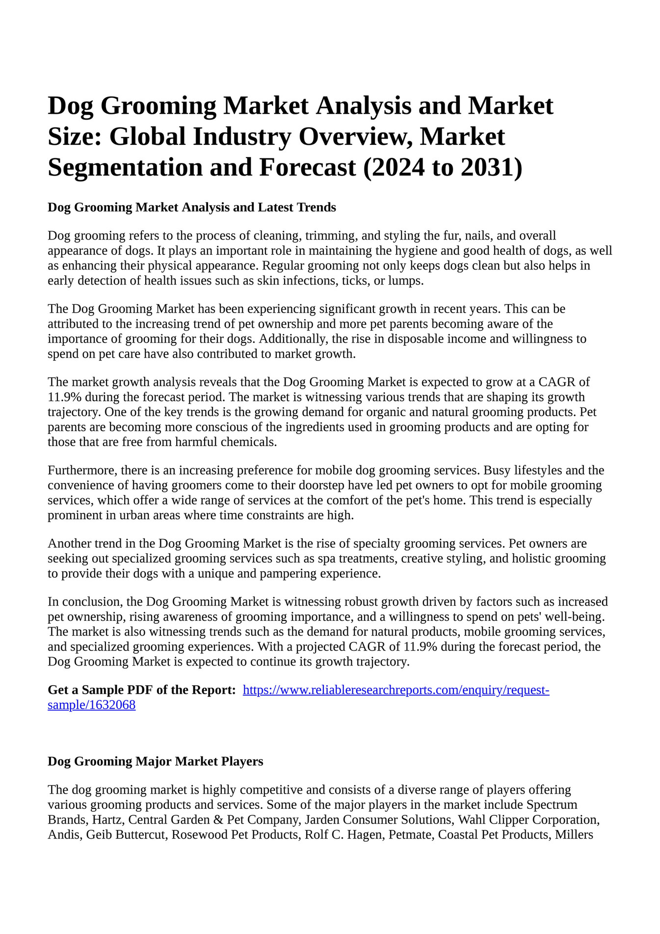 Reportprime Dog Grooming Market Analysis and Market Size Global