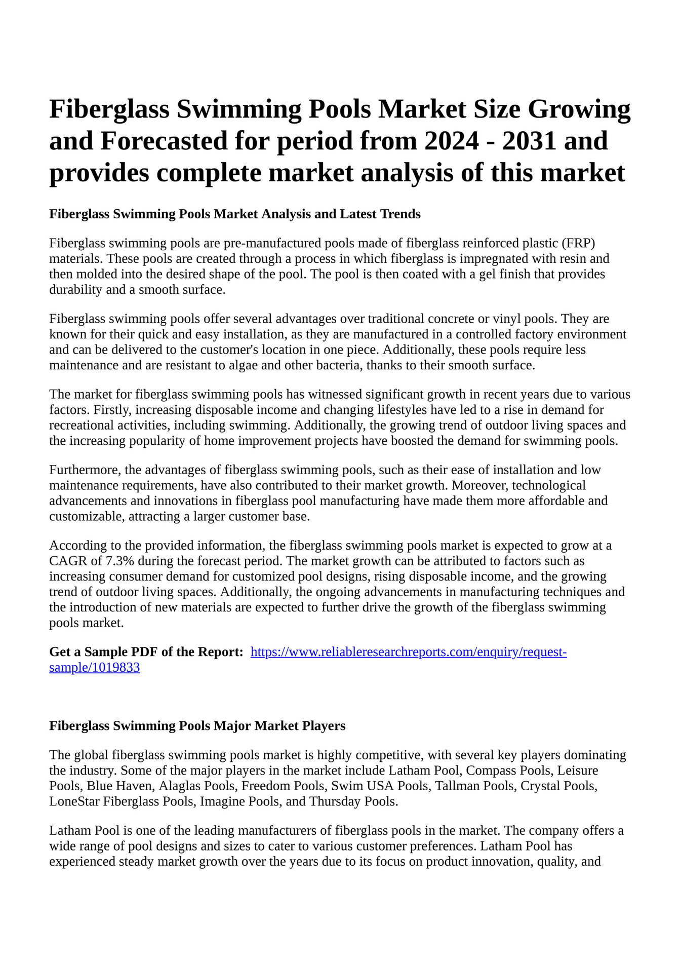 Reportprime Fiberglass Swimming Pools Market Size Growing and