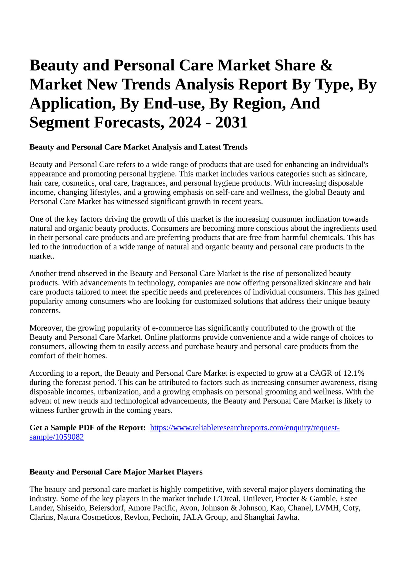 Reportprime Beauty and Personal Care Market Share & Market New Trends