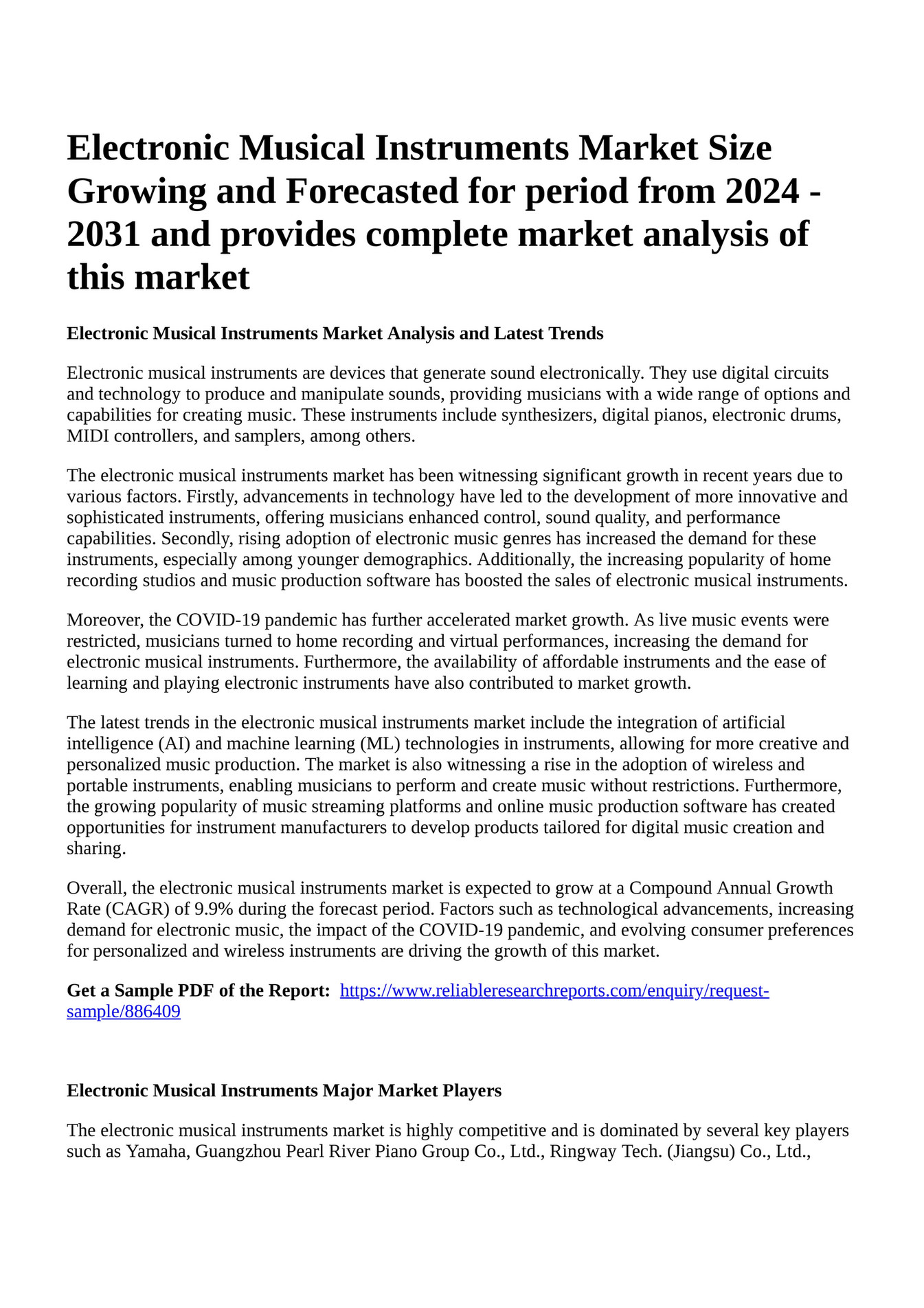 Reportprime Electronic Musical Instruments Market Size Growing and