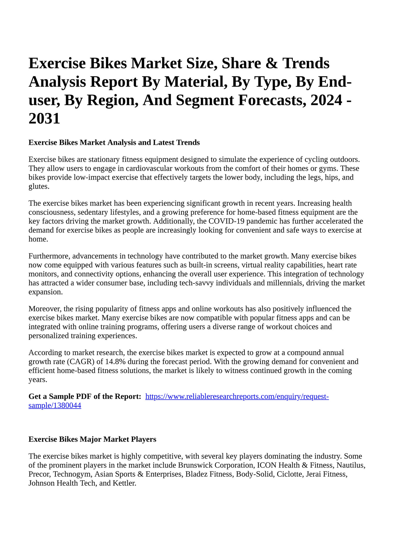 Reportprime Exercise Bikes Market Size, Share & Trends Analysis