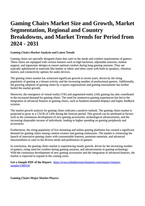 Reportprime Gaming Chairs Market Size and Growth, Market Segmentation